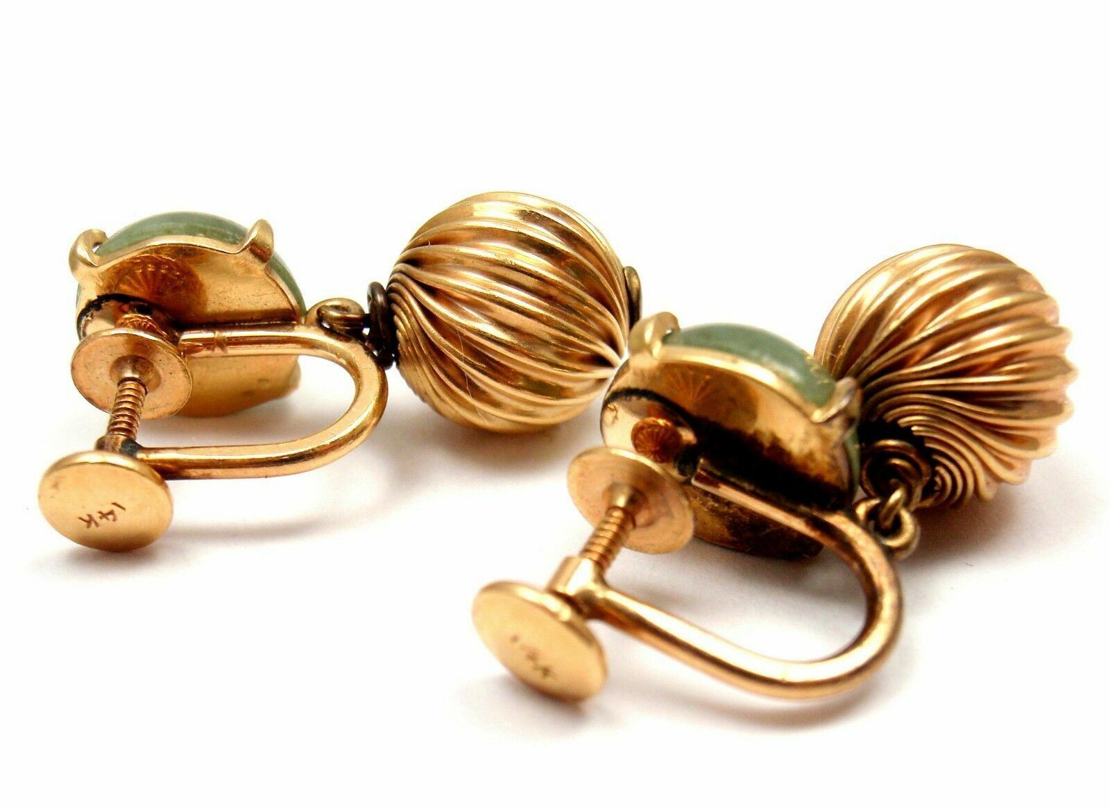 Vintage 14k Yellow Gold Green Jade Screw Back Earrings - Elegant Estate Jewelry for Women, Perfect for Weddings, Parties & Special Occasions