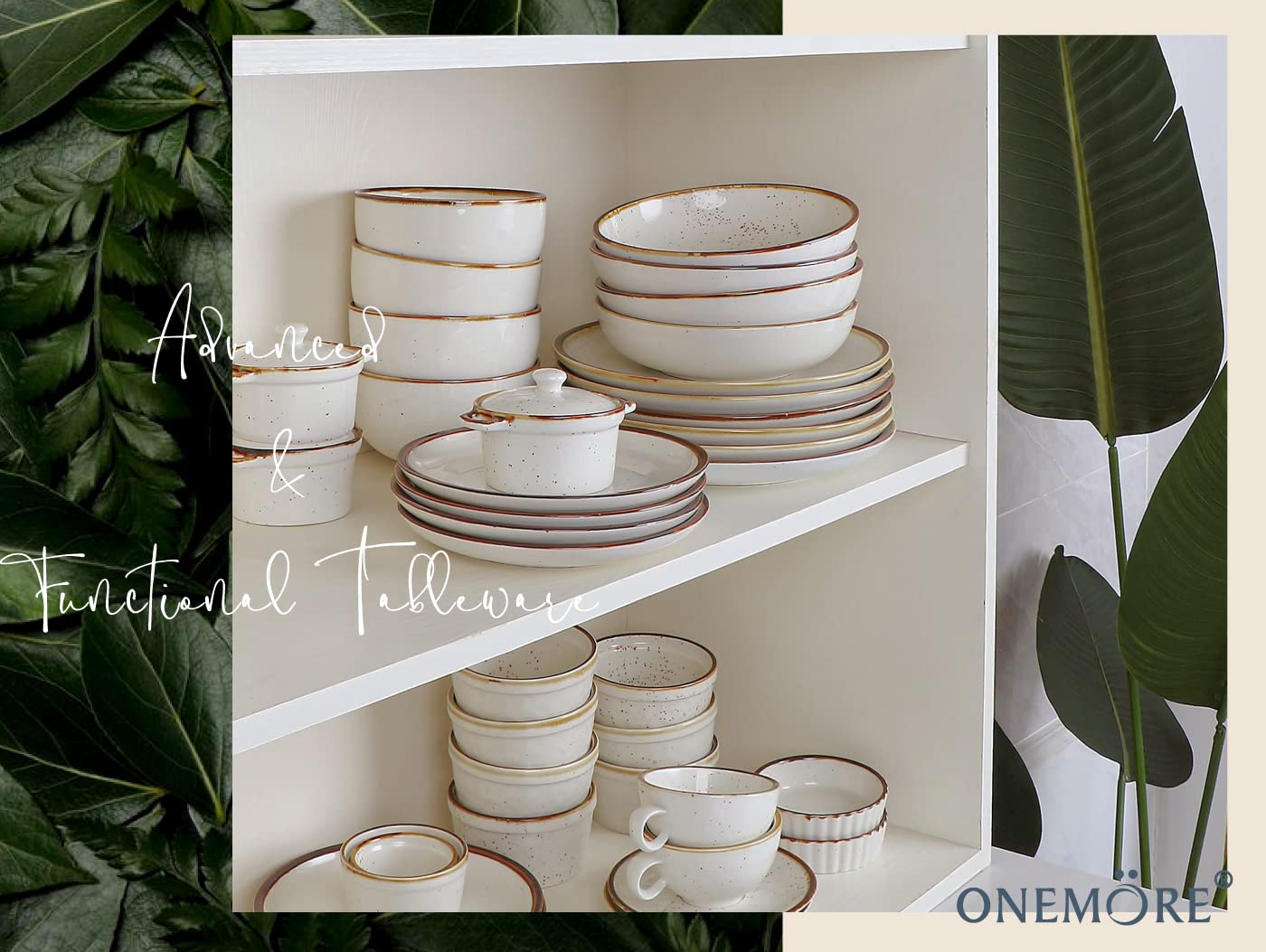 ONEMORE 10.5 Inch Dinner Plates and 30 oz Pasta Bowls Set - Microwave, Oven & Dishwasher Safe - Cream White Porcelain Dinnerware for Family Meals, Parties & Restaurant Use
