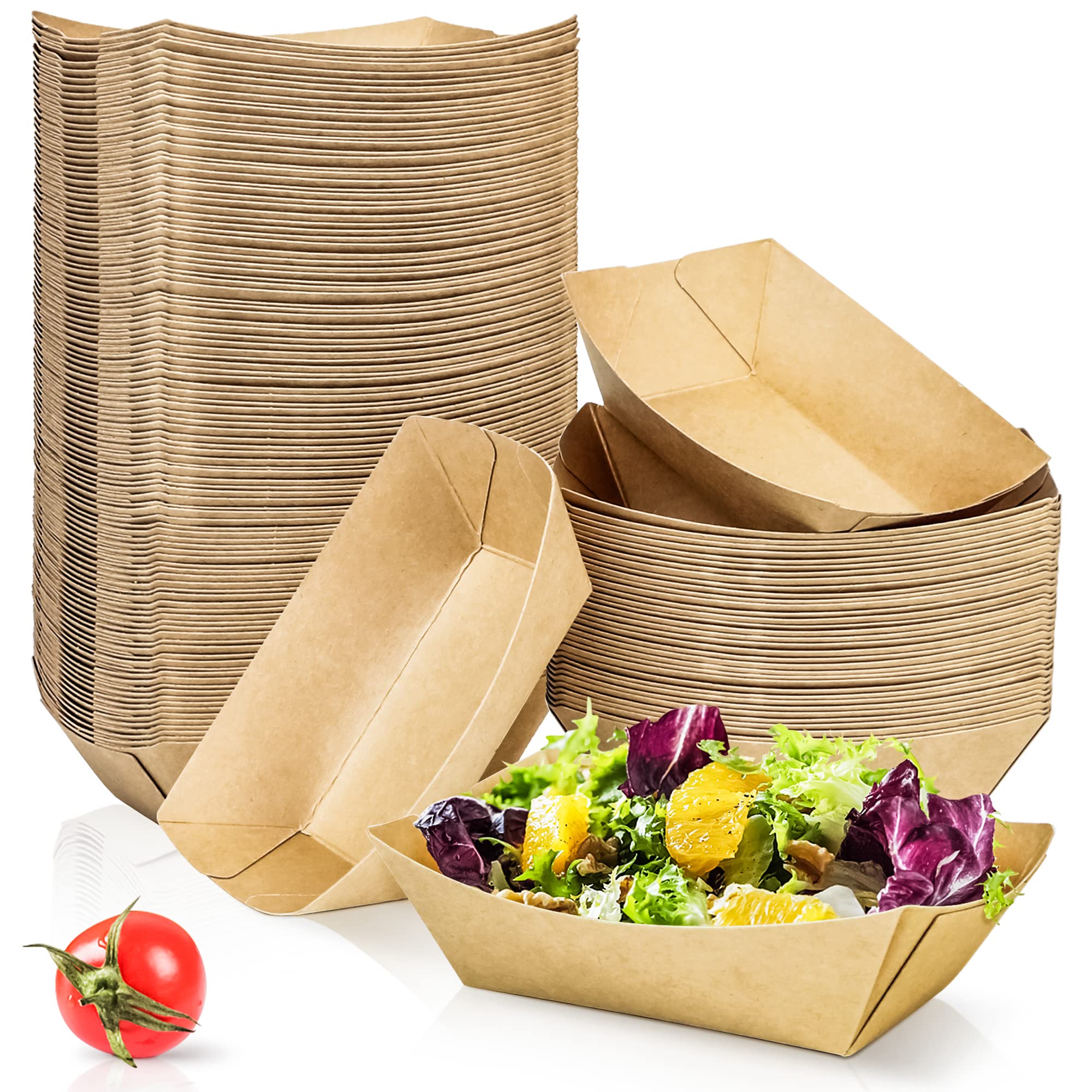 MotBach 180 Pack 1/2 lb Disposable Kraft Food Paper Trays - Small Eco-Friendly Paper Takeout Containers, Mini Serving Boats for Party Snacks, French Fries, Nachos, Tacos & BBQ - Perfect for Catering, Picnics & Food Trucks (Brown)