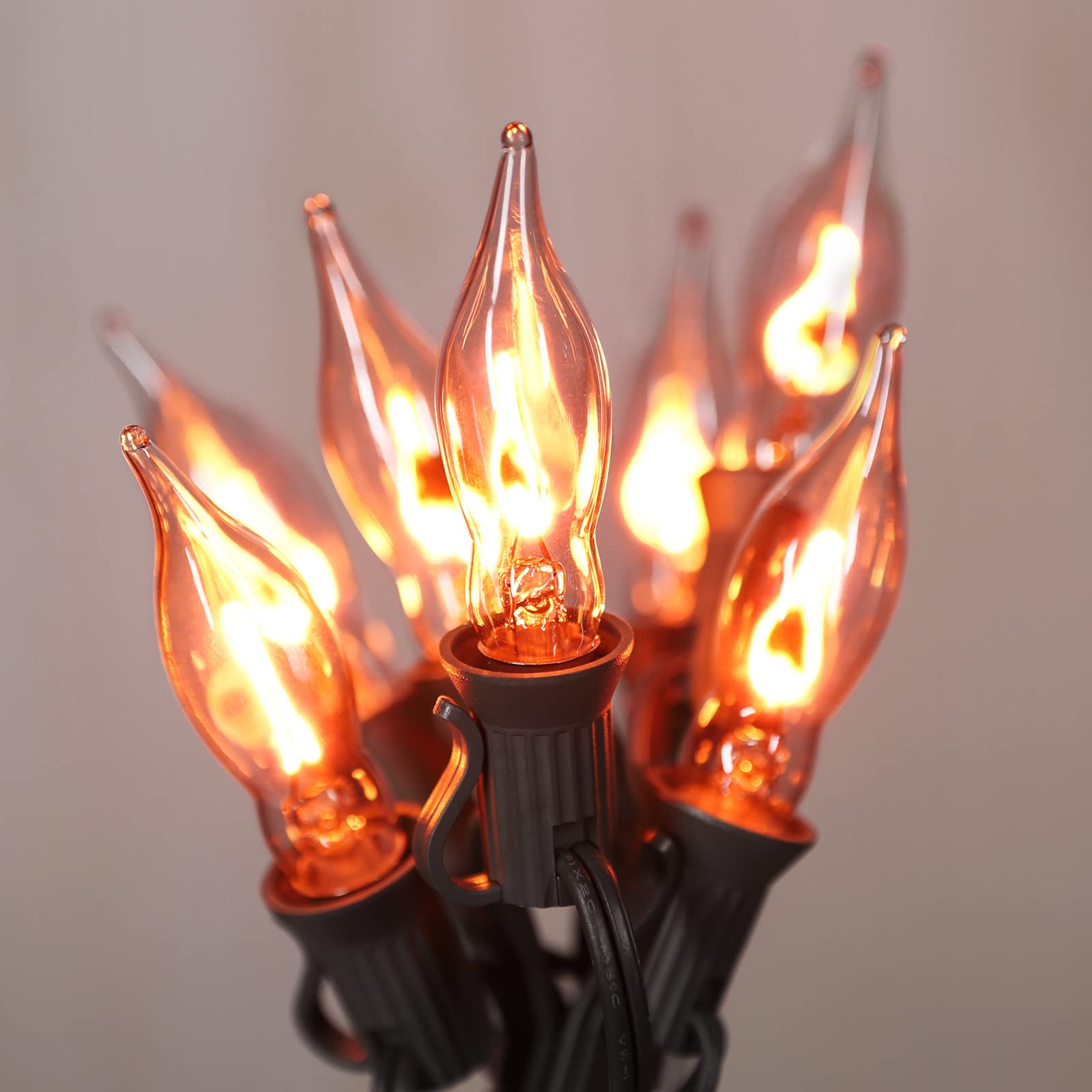PAUSTO Halloween Flickering Flame String Lights - 12.8Ft Indoor/Outdoor Decor with 10 C7 Clear Flame Bulbs | Perfect for Halloween Party, Home Decor, Porch, Yard & Seasonal Lighting