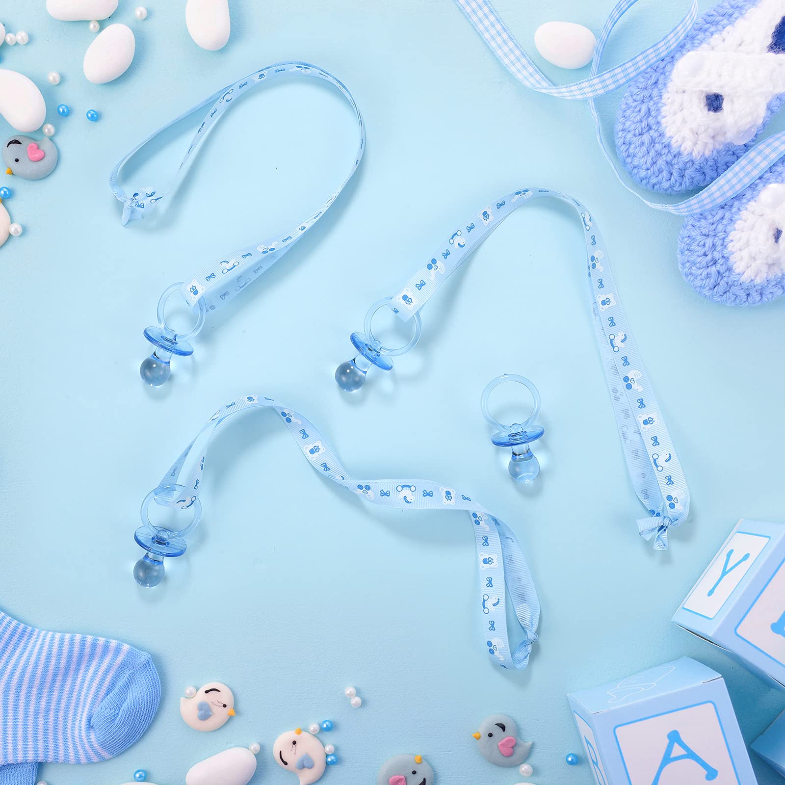 BBTO 24 Pack Baby Shower Pacifier Necklaces - Acrylic Pacifier Charms for Boys & Girls - Cute Baby Shower Party Favors, Game Prizes & Table Decorations - Perfect for Baby Showers, Gender Reveals & Nursery Decor (Blue)