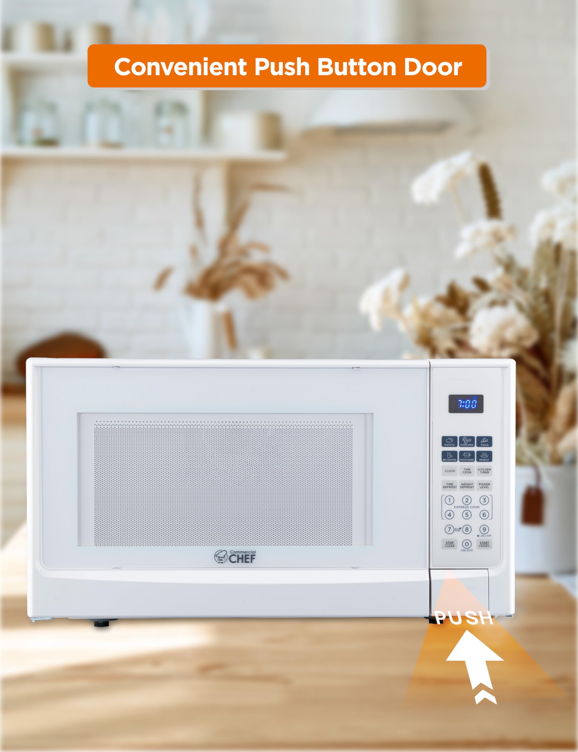 Commercial Chef 1.4 Cu Ft Countertop Microwave - 1100W with 10 Power Levels, Digital Control Panel & Timer, Push Button Operation (White) - Perfect for Small Kitchens, Dorms, Offices & RVs