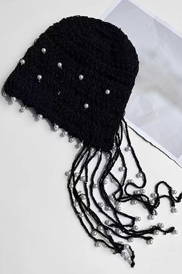 Stylish Solid Pearl Embellished Hollow Knit Winter Hat for Women - Perfect for Cold Weather, Outdoor Activities & Fashion Accessories