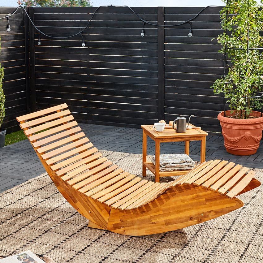 Acacia Wood Rocking Chaise Lounge Chair - 330 lbs Weight Capacity Outdoor Patio Furniture for Poolside, Garden, Sauna & Relaxation