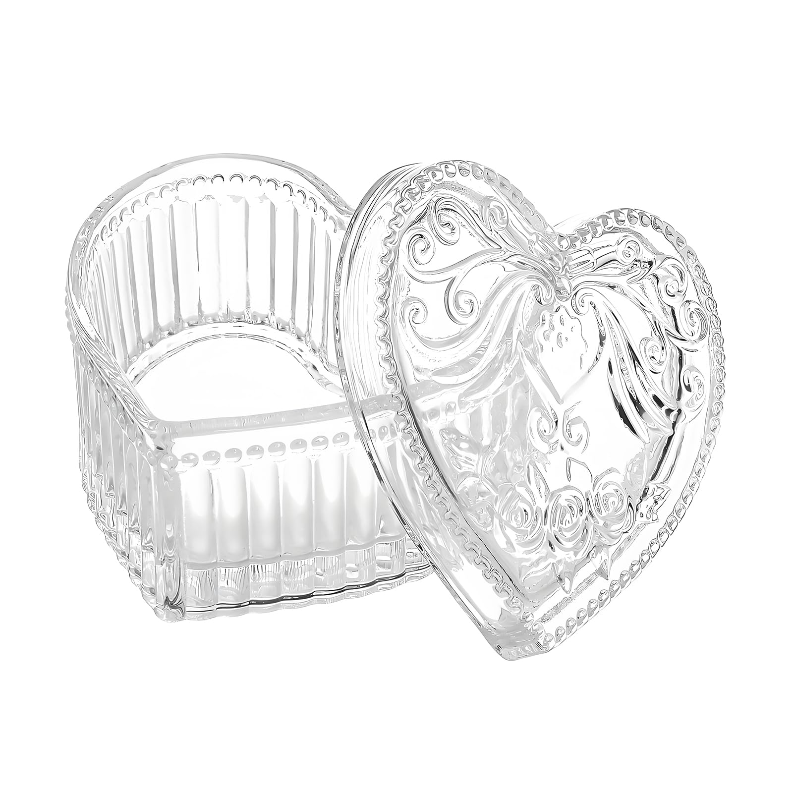 Gaolinci Crystal Glass Heart-Shaped Jewelry Box with Lid - Elegant Embossed Storage for Rings, Necklaces & Candy - Perfect for Valentine's Gifts, Wedding Favors & Home Decor