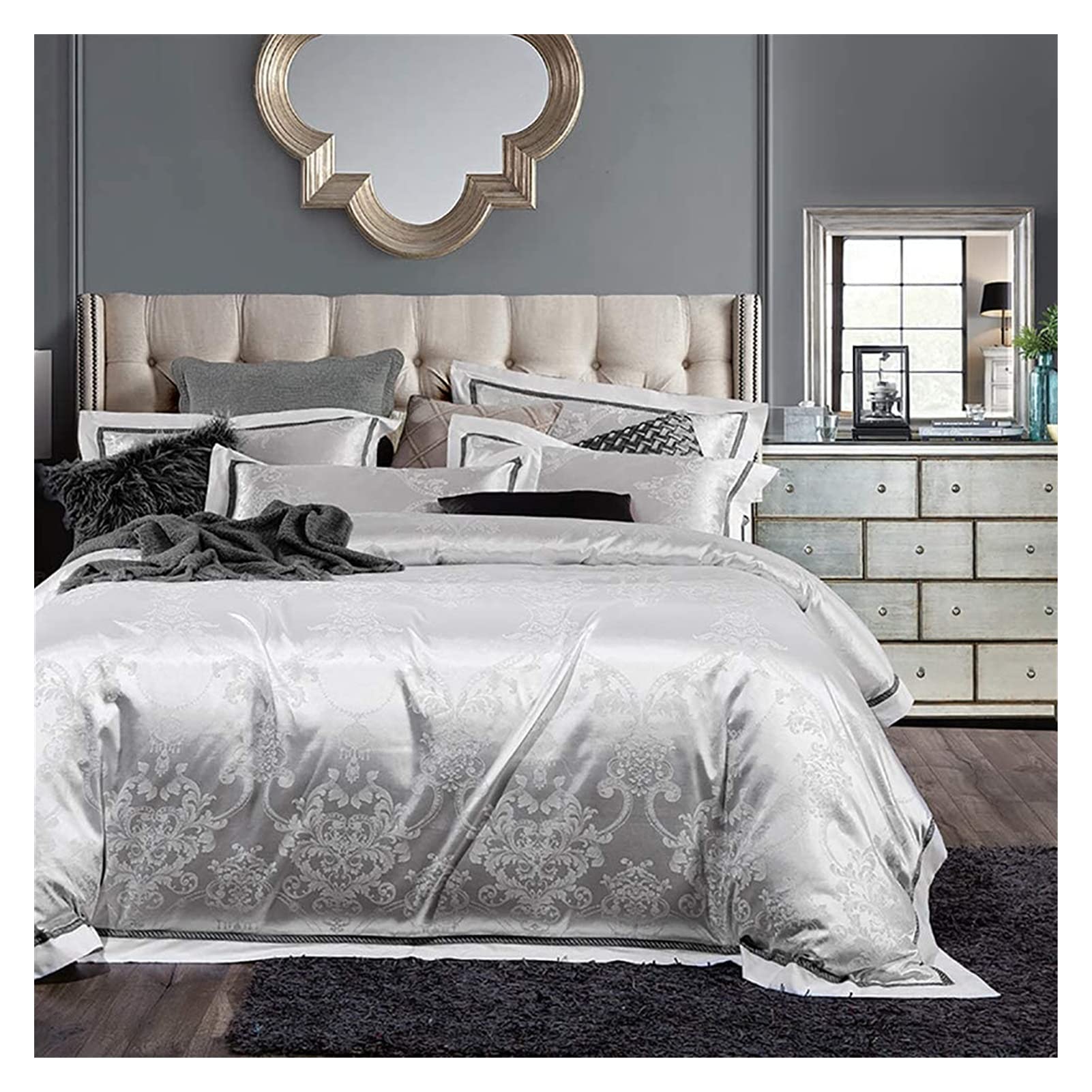 Luxury King Size Bedding Set - 100% Cotton Duvet Cover & Pillowcase Set, Satin Jacquard Wrinkle-Free & Stain-Resistant 4pc Bed Sheets - Perfect for Master Bedroom, Guest Room & Hotel Use