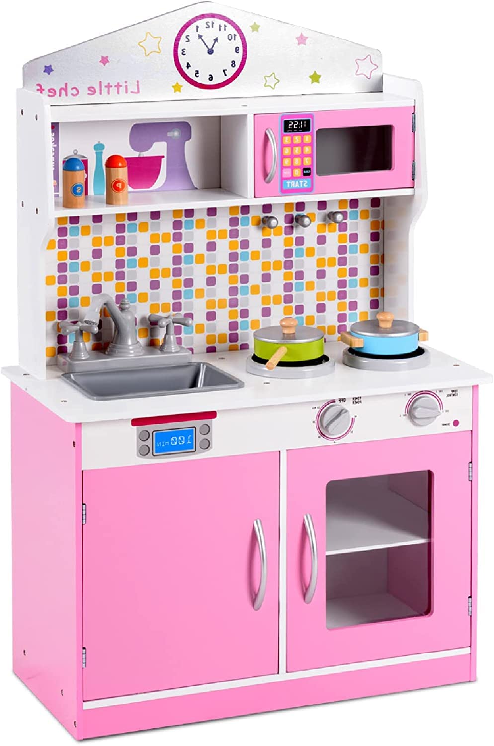 OLAKIDS Wooden Play Kitchen Set for Toddlers - Real Sound Effects, Stove, Microwave, Sink & Storage Cabinet - Pretend Cooking Toys Gift for Boys & Girls (Pink) | Perfect for Imaginative Play, Birthday Gifts & Preschool Learning