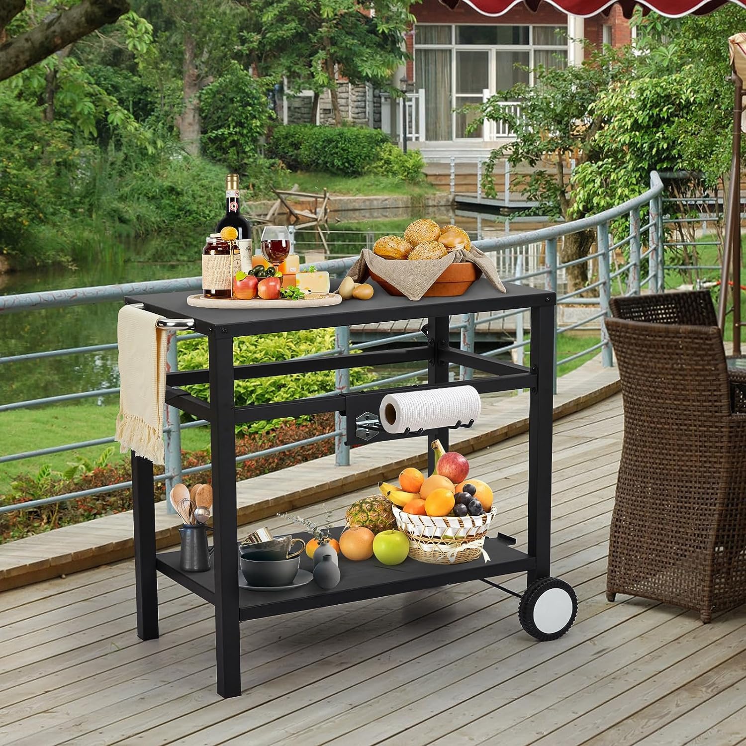 Premium Rolling Bar Cart with Wheels & Hooks - Outdoor BBQ Prep Table, Pizza Oven Stand & Grilling Station - Double Shelf Mobile Kitchen Cart with Side Handle - Perfect for Backyard, Patio, Camping & Home Kitchen Use (Black)