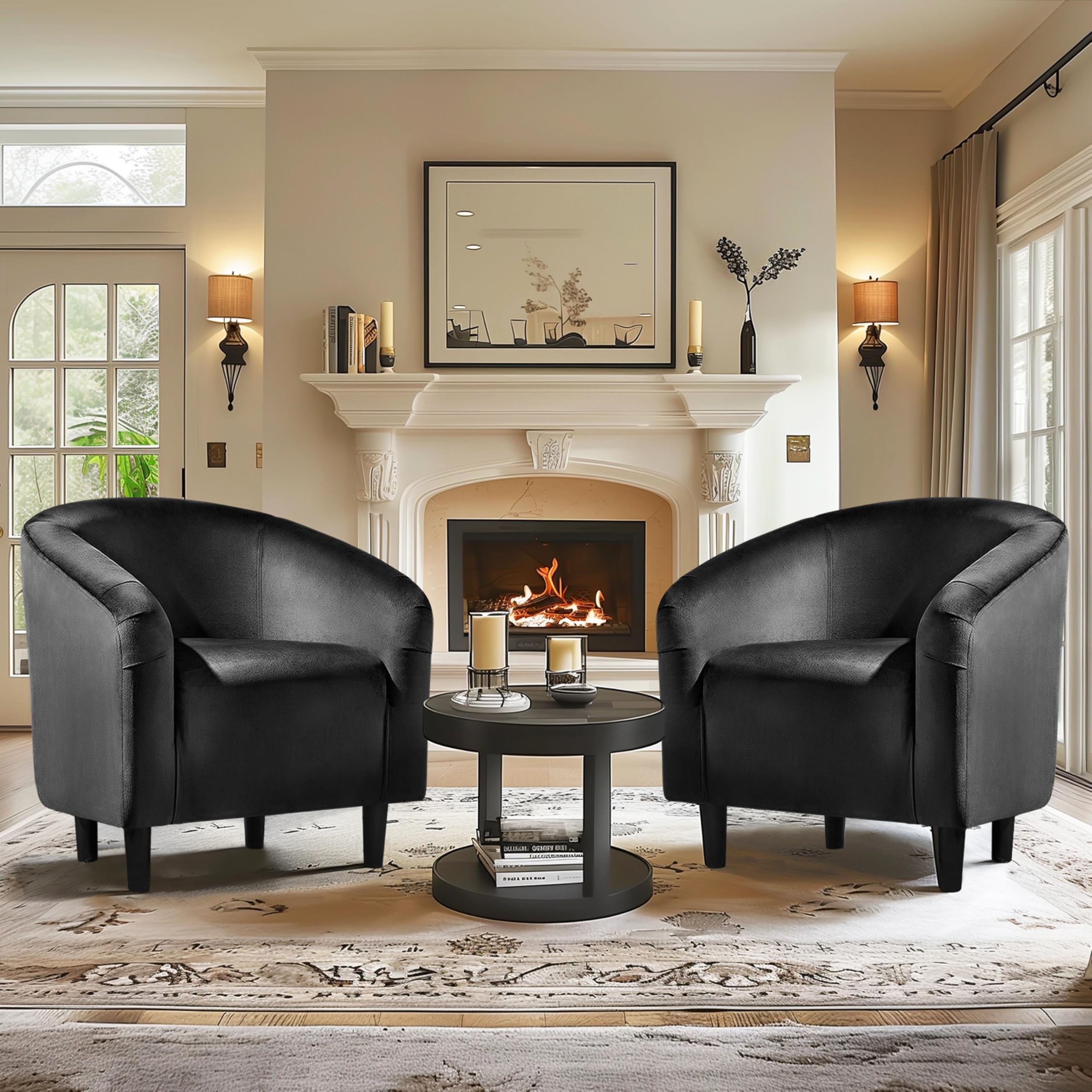 Yaheetech Set of 2 Black Velvet Accent Chairs - Modern Barrel Club Chairs with Soft Padding, Comfortable Lounge Seating for Living Room, Bedroom, Office Waiting Area - Perfect for Home Decor, Hotel Lobby & Reception Areas (Matte Black)