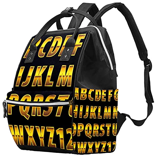 Gold English Capital Letters Alphabet Diaper Backpack for Mom & Dad - Large Travel Tote Maternity Nappy Bag with Multiple Pockets | Perfect for Baby Essentials, Daycare, and Family Outings