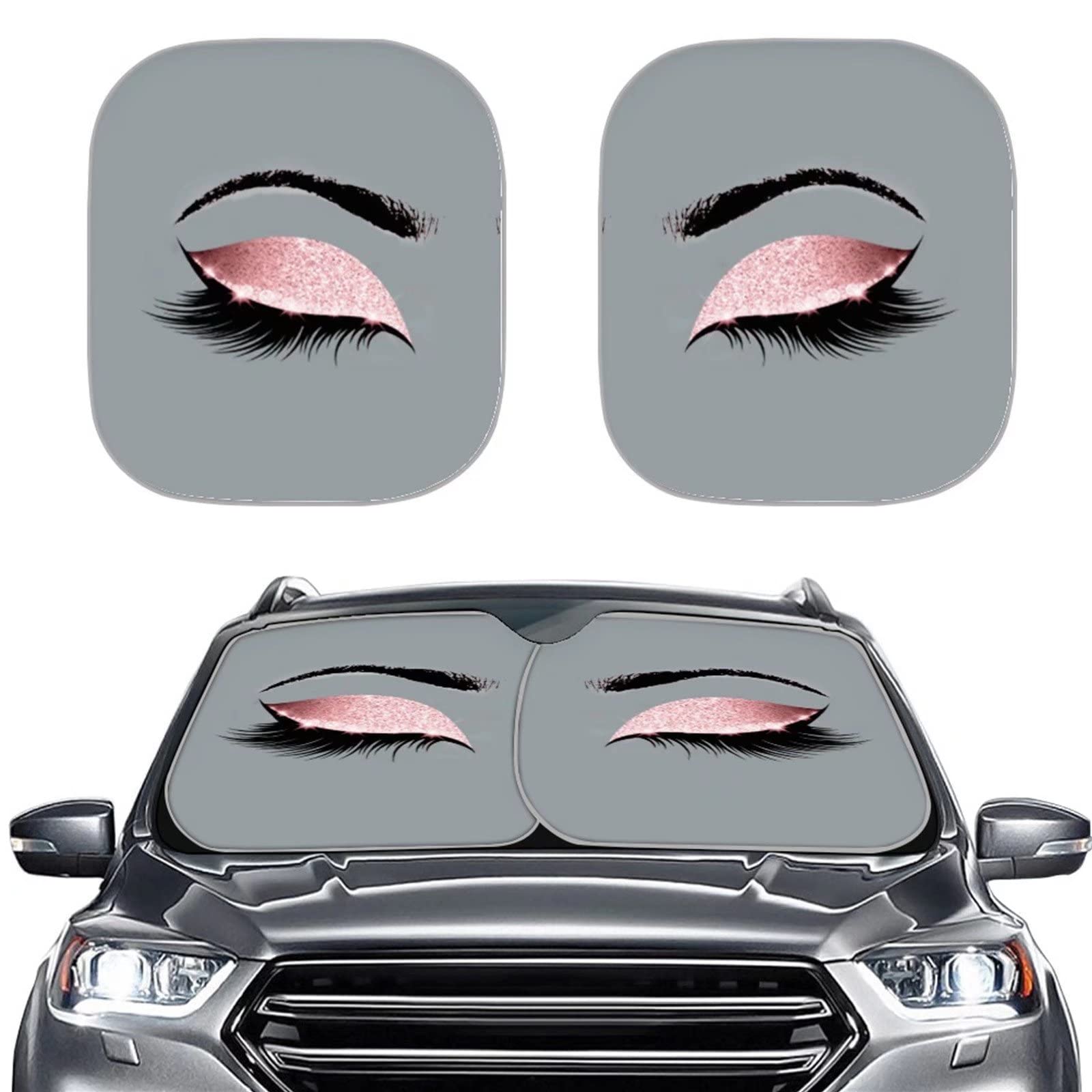 Grey Eyes Design Car Windshield Sun Shade for Women - 2-Piece Foldable Funny Car Window Cover & Sun Visor - UV Protection Auto Interior Accessories - Perfect for Summer Driving, Road Trips & Parking