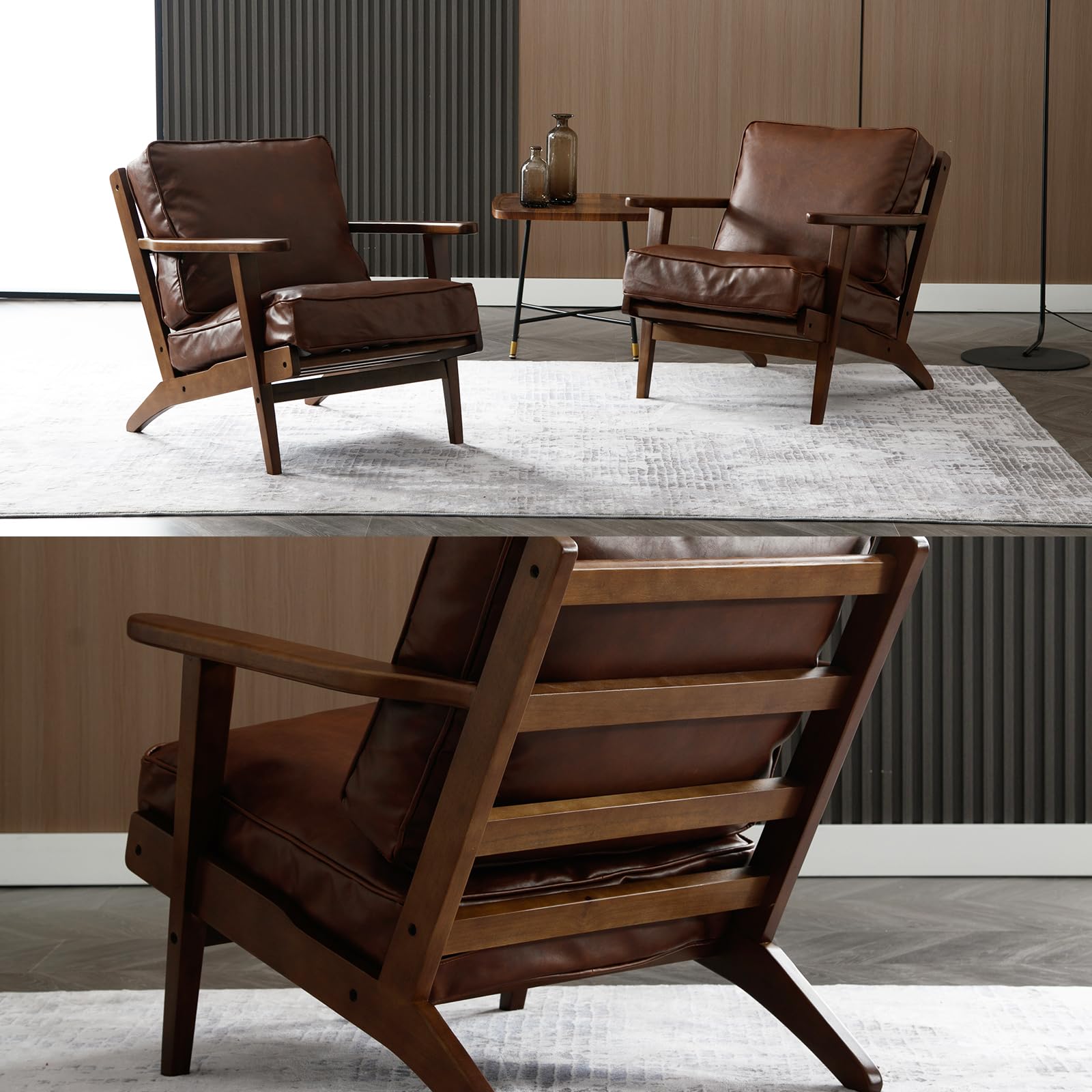 Mid Century Modern Accent Chairs Set of 2 - PU Leather Upholstered Armchairs with Solid Wood Frame for Living Room, Bedroom & Reading Nook - Elegant Brown Lounge Chairs for Home Decor & Relaxation