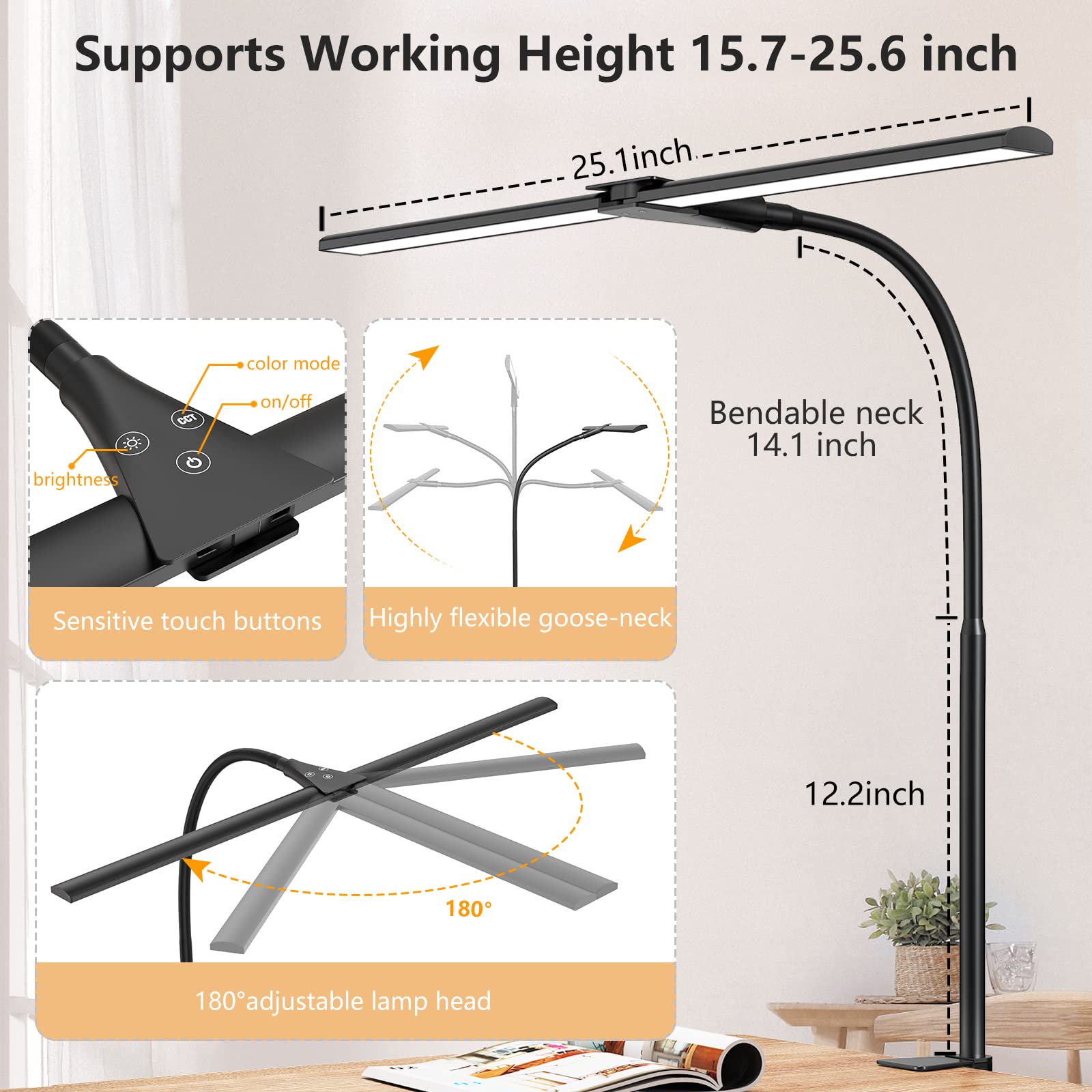 EppieBasic LED Desk Lamp with Double Head - 1200LM Bright Architect Desk Light for Home Office, Workbench & Studio - Eye Protection Modern Task Lamp for Working, Reading & Monitor Use