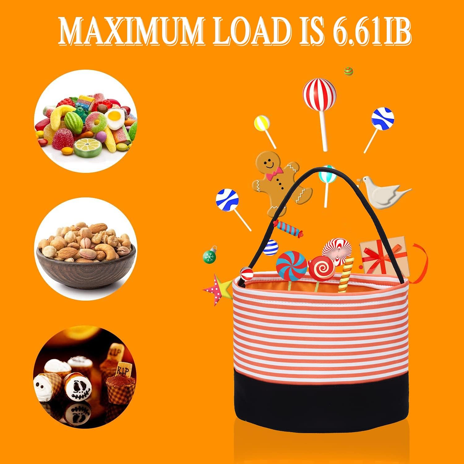 Halloween Candy Basket - Trick or Treat Bags for Kids, Fabric Candy Buckets with Handle, Halloween Party Supplies & Decorations (Orange Stripe) - Perfect for Trick-or-Treating, Halloween Parties & Gift Giving