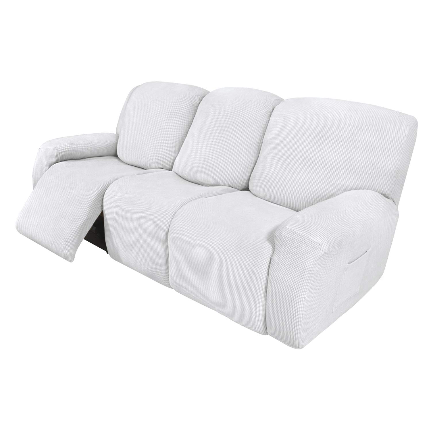 8-Piece Recliner Sofa Slipcover Set - Stretchable Furniture Protector with Elastic Bottom, Soft Spandex Jacquard Fabric (Snow White Small Checks) - Perfect for Living Room, Family Gatherings & Pet-Friendly Homes