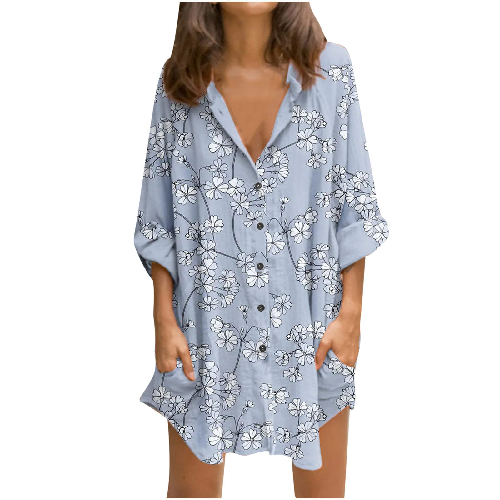 Women's Floral Print 3/4 Sleeve Casual Summer Dress - Button Down Loose T-Shirt Beach Dress in Dark Blue | Perfect for Vacation, Holiday, and Everyday Wear