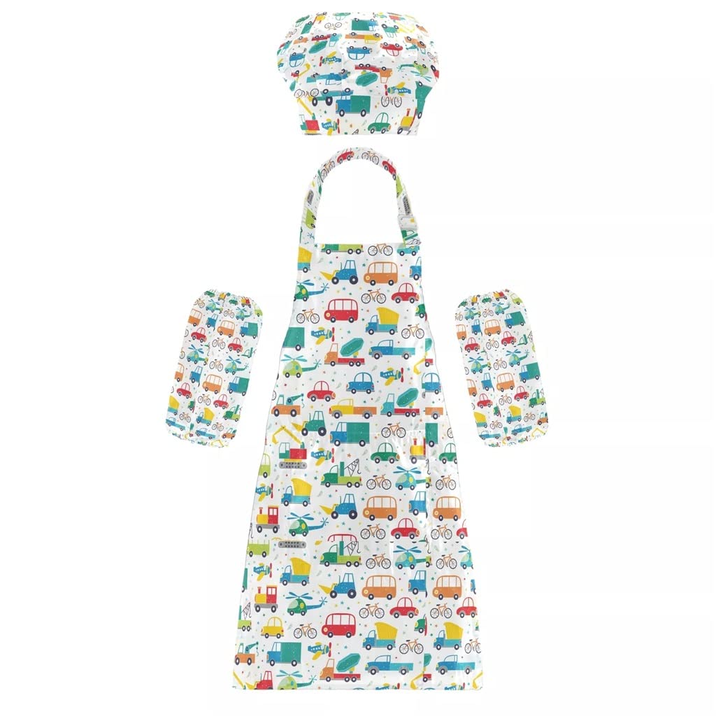 YFQHDD Kids Chef Apron and Hat Set - Solid Color Front Pocket Bib Apron with Elastic Band Cooking Cap, Cartoon Car Print (50x60cm) - Perfect for Baking, Cooking Classes & Pretend Play