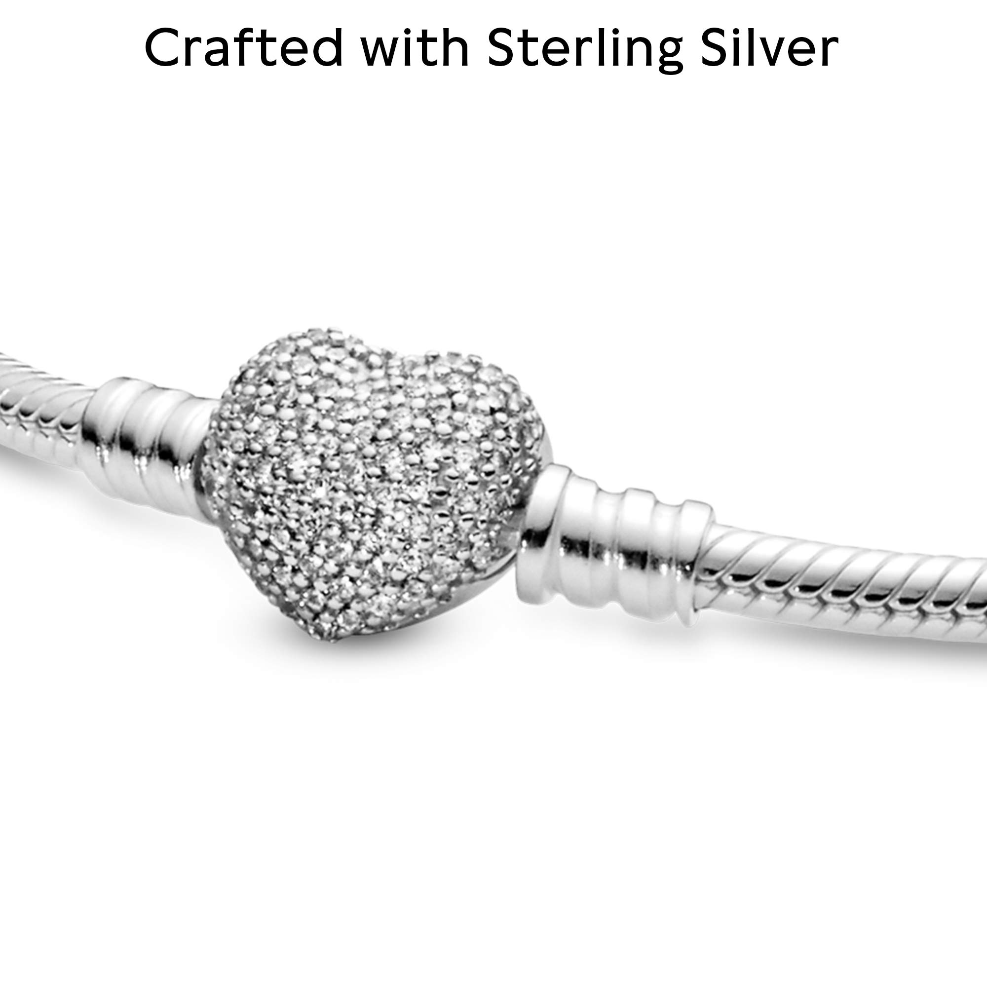 Pandora Sterling Silver Sparkling Heart Clasp Snake Chain Bracelet with Cubic Zirconia Charms | 7.1