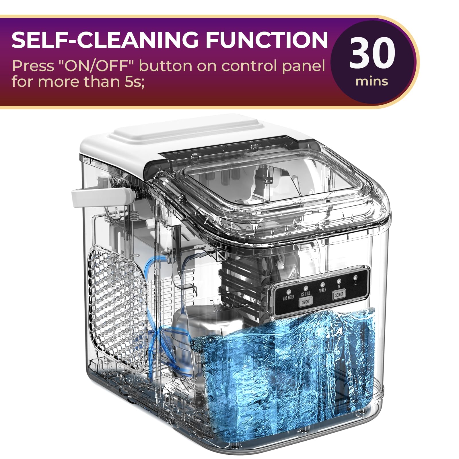 R.W.FLAME Countertop Ice Maker - 9 Bullet Ice Cubes in 6 Minutes, 26.5lbs/24Hrs, Self-Cleaning Portable Ice Machine with Basket & Scoop - Perfect for Home, Office, Kitchen, Bar & Party Use (White)