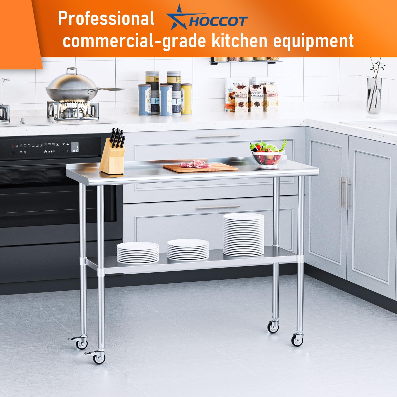 Stainless Steel Prep & Work Table with Adjustable Shelf, Backsplash & Wheels - 18