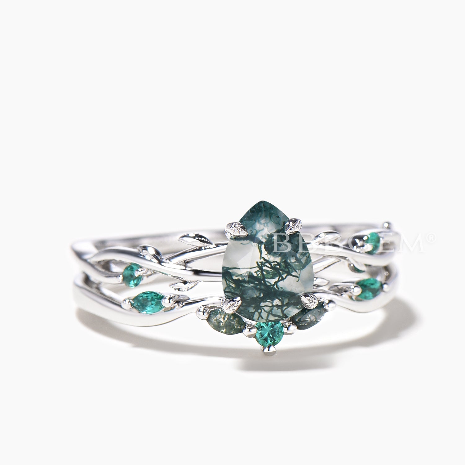 Nature Inspired Twisted Vine Moss Agate & Emerald Bridal Ring Set | Wedding, Engagement, Anniversary Jewelry Gift for Her