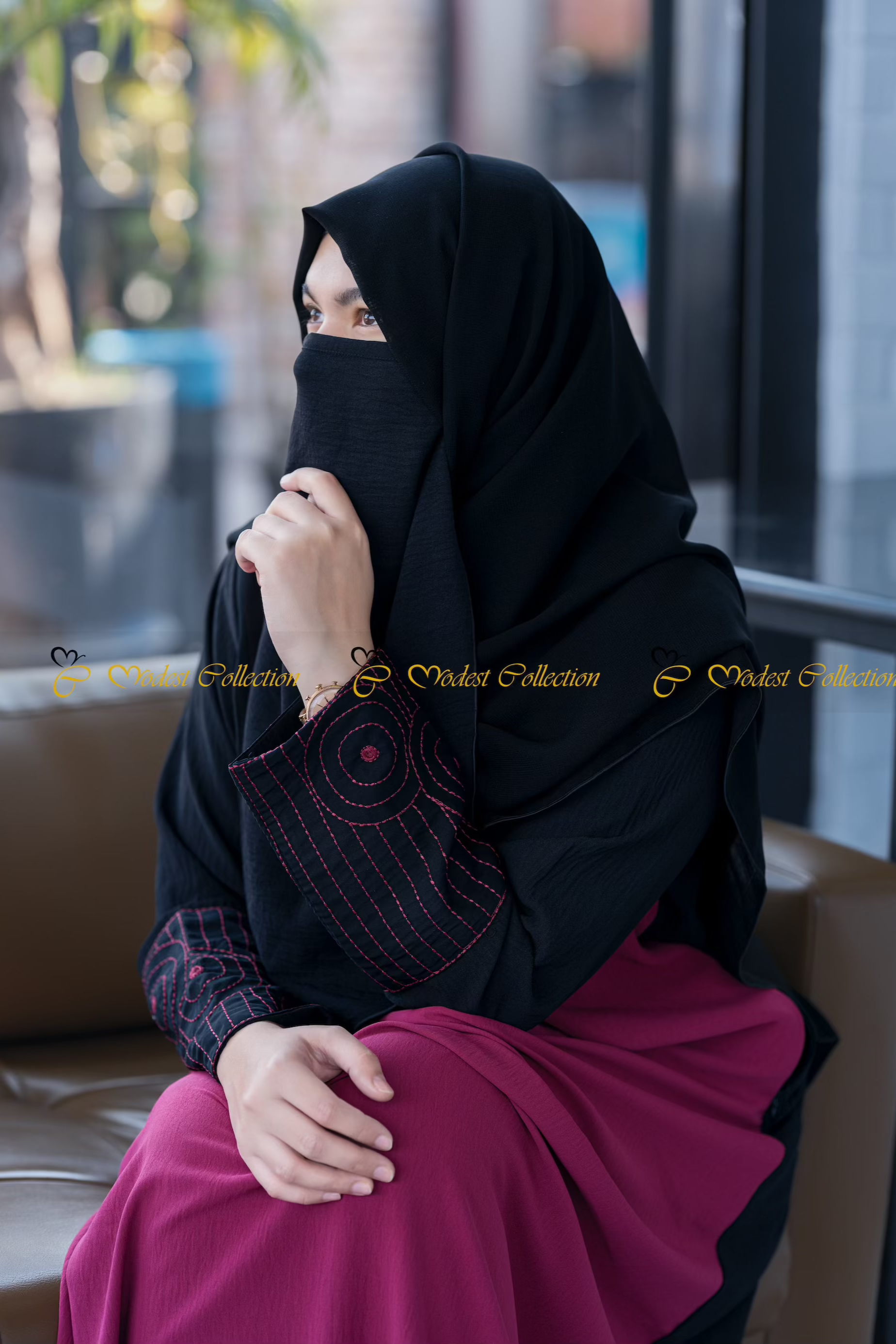 Elegant Dual Shade Embroidered Abaya Dress - Magenta & Black | Modest Islamic Clothing for Women | Perfect for Prayer, Special Occasions & Everyday Wear