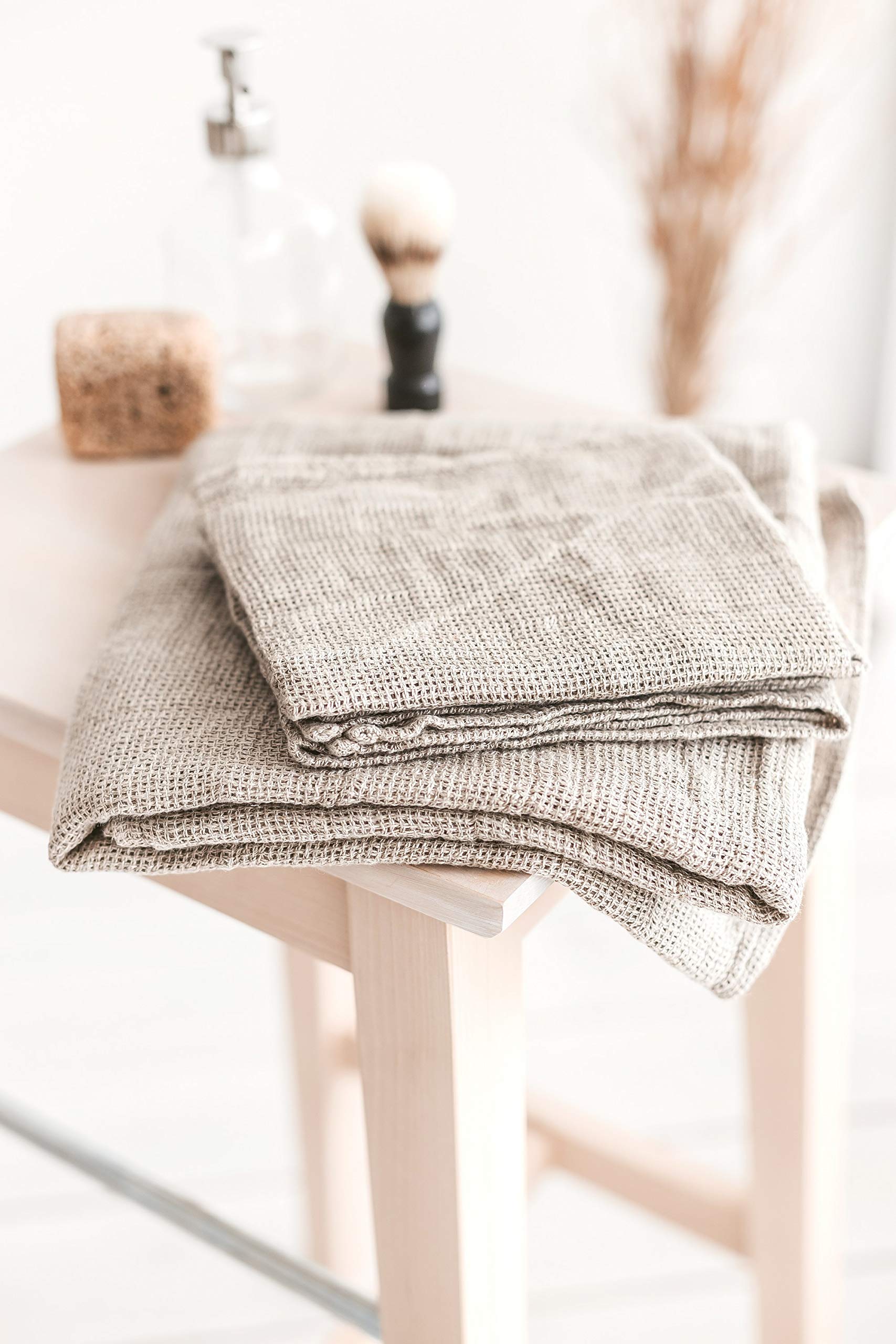 4-Piece 100% Linen Towel Set - 2 Bath Towels & 2 Hand Towels | Natural Waffle Weave, Pre-Washed, Quick-Drying & Ultra Absorbent | Eco-Friendly Bathroom Towels for Spa, Beach & Luxury Home Use