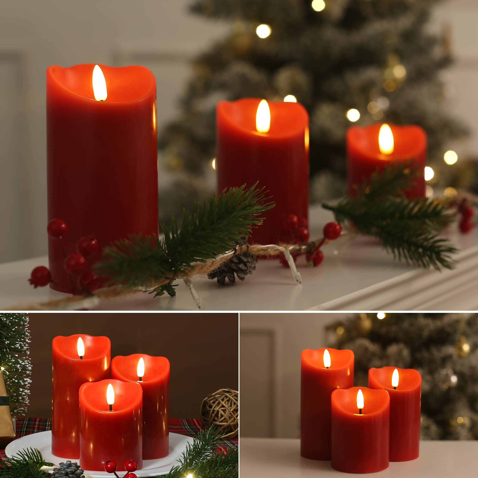 Battery Operated Flameless LED Candles with Remote & Timer - Set of 3 Real Wax Flickering Electric Candles for Christmas Decor, Home Party, Wedding Centerpiece & Holiday Ambiance (Red)