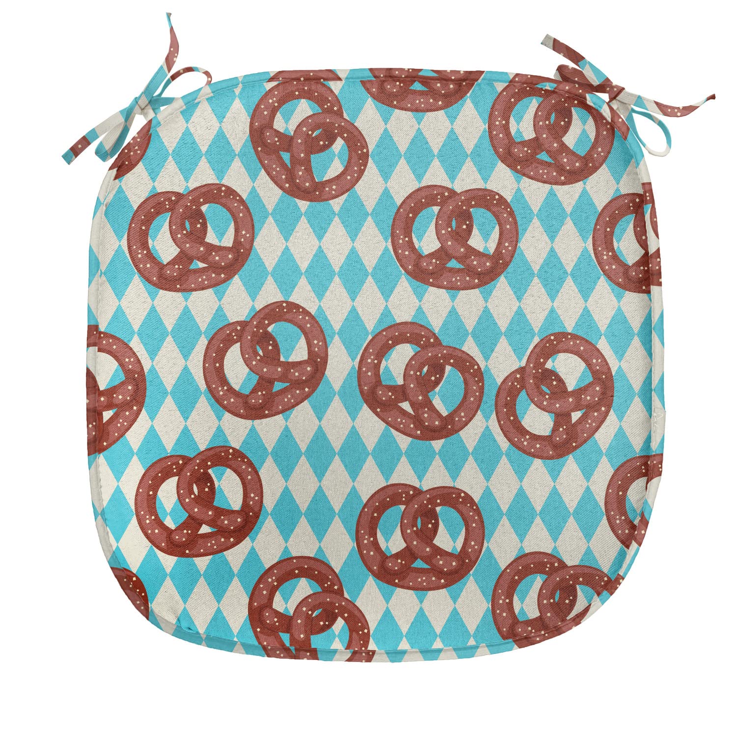 Lunarable Oktoberfest Chair Cushion Set of 12 - Diamond Pattern Pretzel Design German Country Snack Theme - Non-Slip Kitchen & Patio Seat Pads 16x16 Inches in Sky Blue Ivory Redwood - Perfect for Beer Festivals, Outdoor Dining & Bavarian Decor