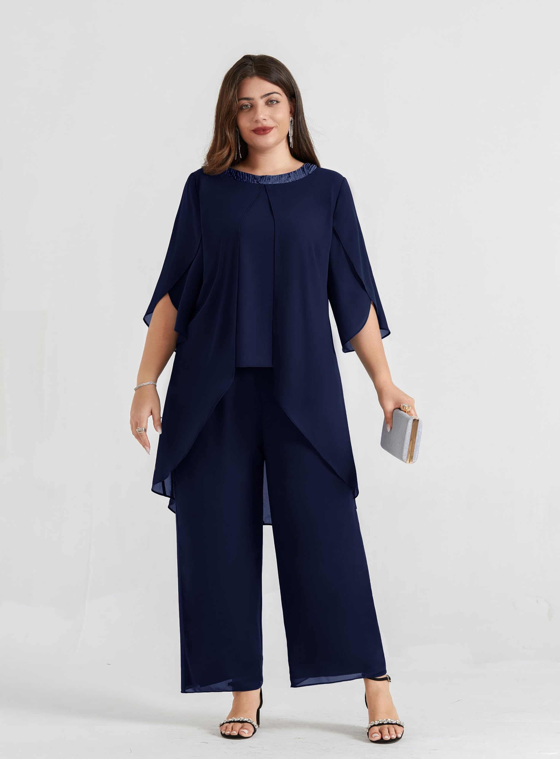 Hanna Nikole Plus Size Mother of The Bride Pant Suits - 2 Piece Chiffon Set with High Low Hem - Elegant Wedding Guest Outfit for Women - Perfect for Weddings, Receptions & Formal Events