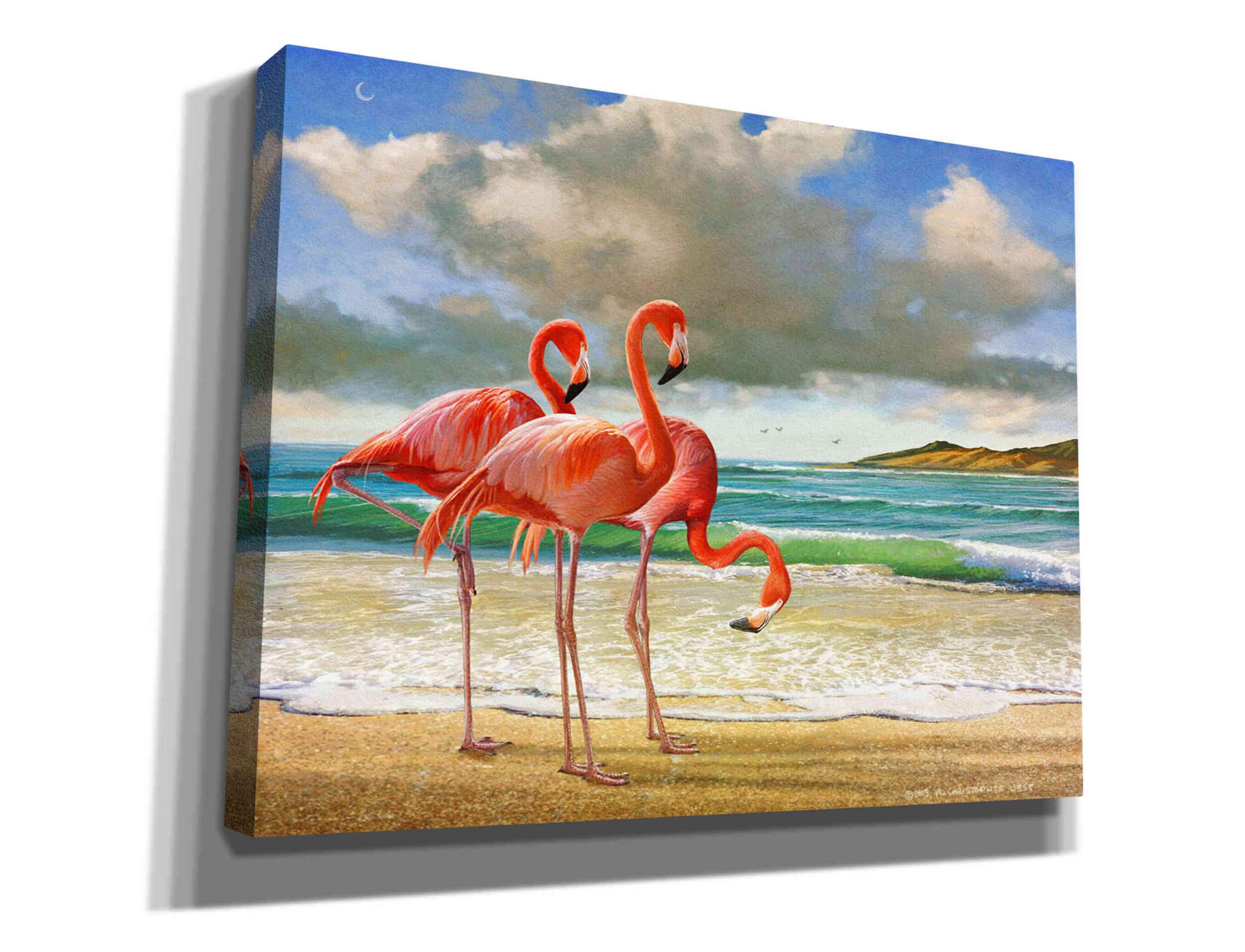 Chris Vest 'Beach Scene Flamingos' Canvas Wall Art 34x26 Inches - Tropical Home Decor for Living Room, Bedroom & Office