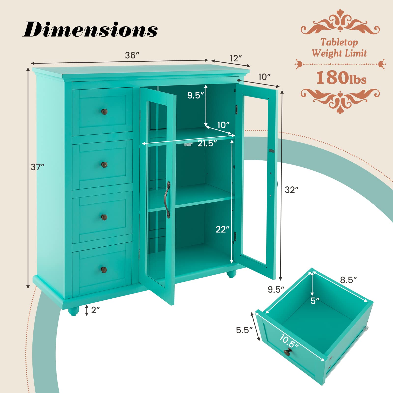 COSTWAY Sideboard Buffet Cabinet - 4-Drawer Kitchen Storage with 2 Tempered Glass Doors, Entryway Accent Cabinet for Dining Room, Kitchen & Home Organization | Perfect for Small Space Storage & Home Decor
