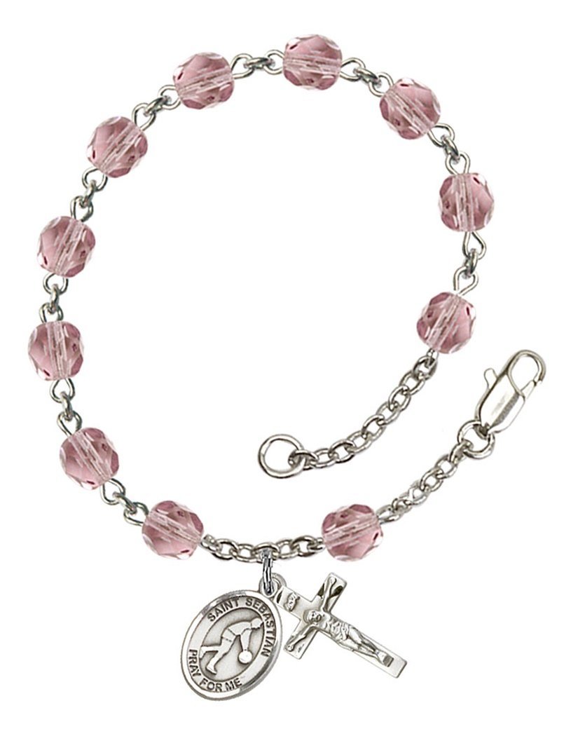 June Birthstone Bead Rosary Bracelet with St. Sebastian Basketball Charm - 7.5 Inch Catholic Jewelry for Prayer, Baptism Gifts & Sports Enthusiasts