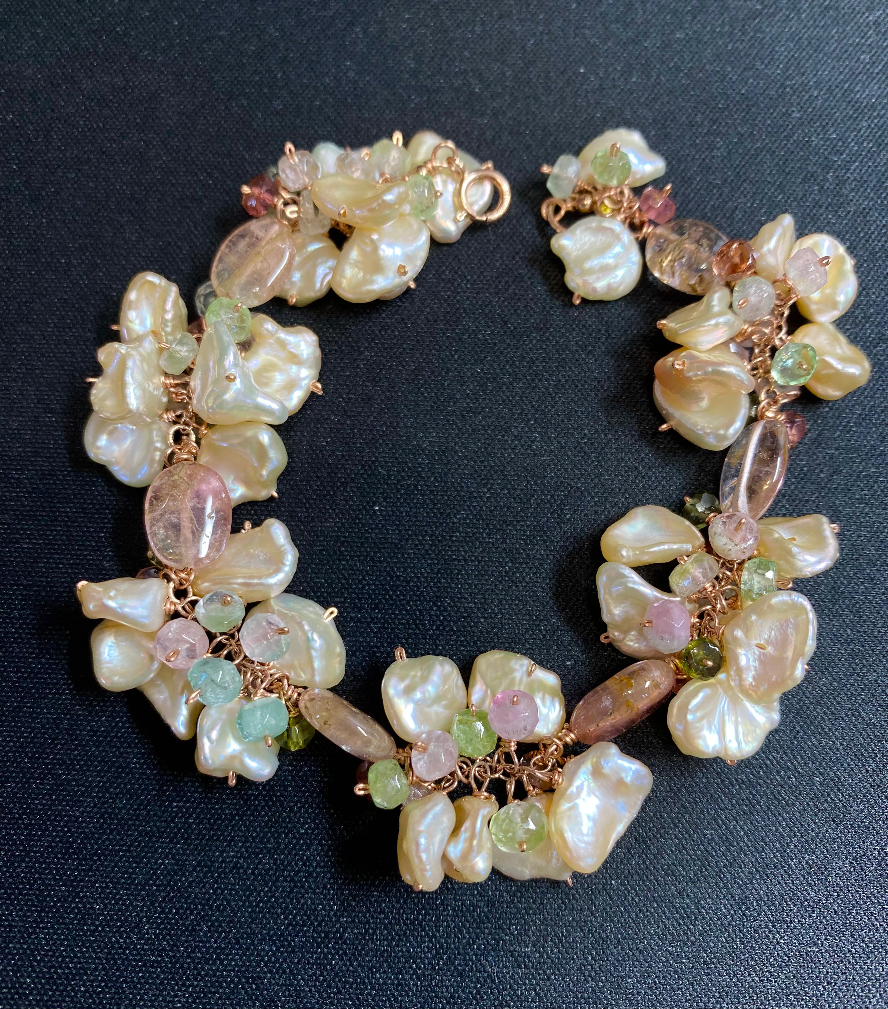 Blush Keishi Pearl Cluster Bracelet with Tourmaline & Rose Gold - Elegant Jewelry for Women, Perfect for Weddings, Parties & Everyday Wear