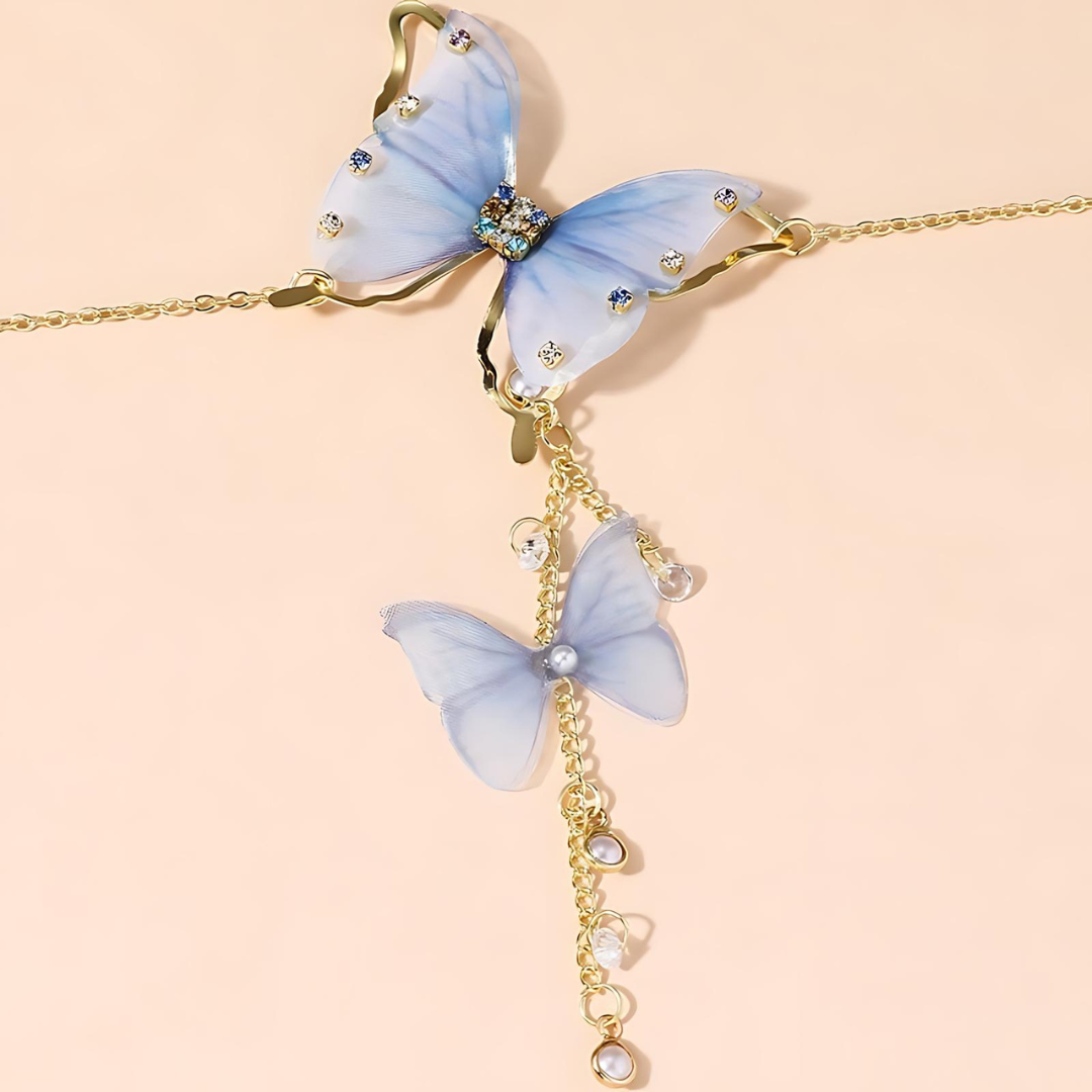 Elegant Pink Butterfly Tassel Lariat Y Necklace with Pearl Accents | Dainty Boho Jewelry for Women | Perfect for Parties, Weddings & Date Nights | HN3246