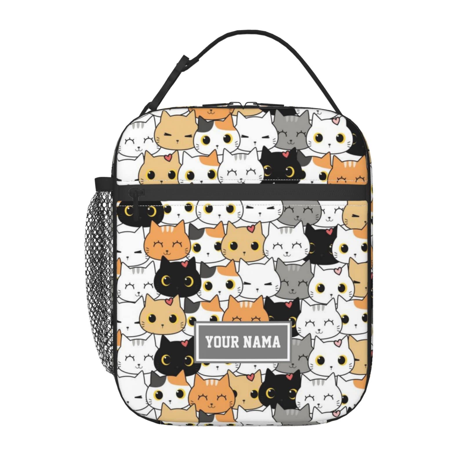 Personalized Custom Name Lunch Bag - Cute Cat Cartoon Insulated Lunch Box for Kids, Women & Men - Perfect for School, Work, Picnics & Outdoor Activities
