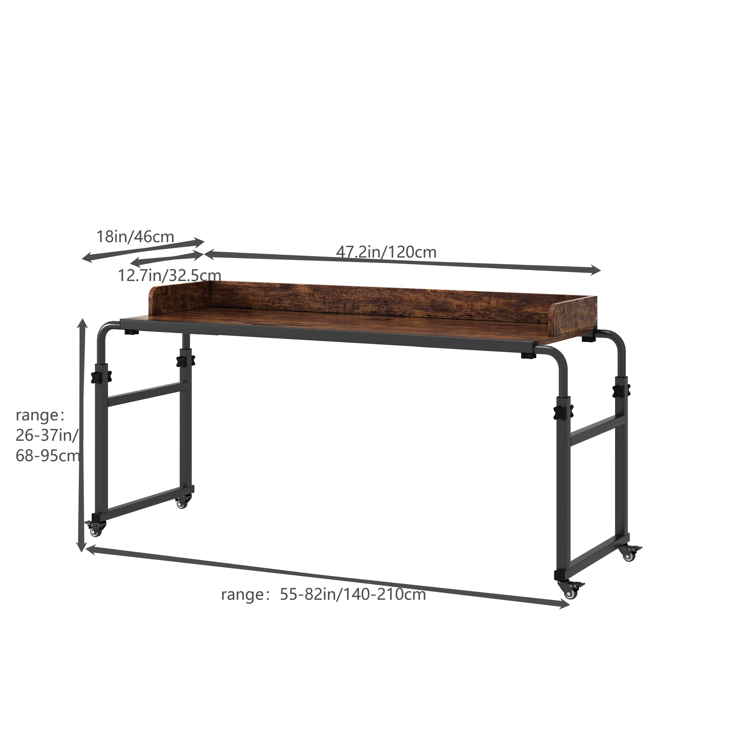 Adjustable Overbed Table with 360° Wheels - Queen Size Mobile Bed Desk for Hospital & Home Use - Heavy Duty Metal Legs, Height & Length Adjustable - Perfect for Eating, Working, Reading in Bed or Recliner
