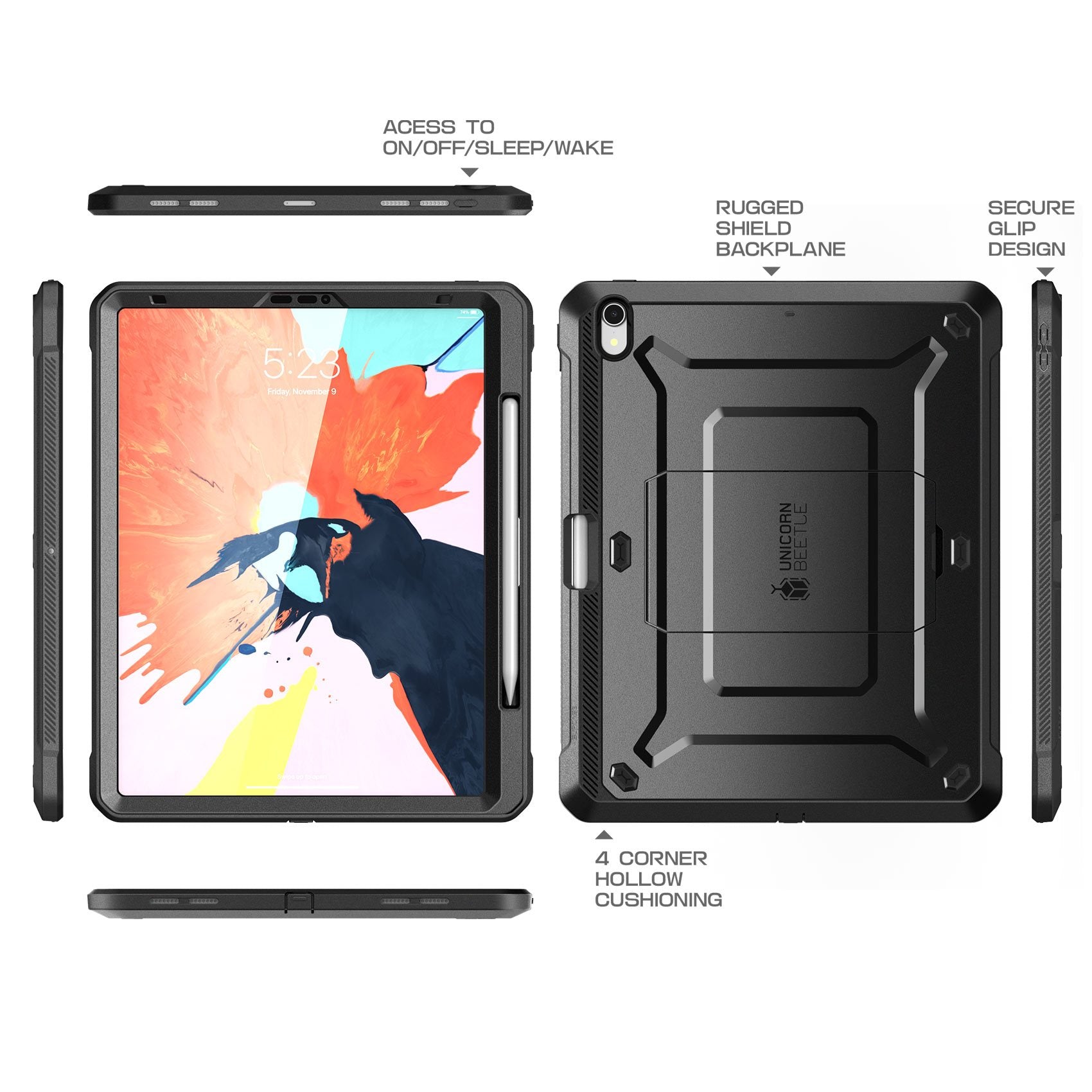 Apple iPad Pro 12.9 Inch 2018 Model Unicorn Beetle Pro Rugged Full Body Protective Case - Shockproof, Drop Proof & Apple Pencil Compatible (Black) - Perfect for Work, Travel & Outdoor Adventures