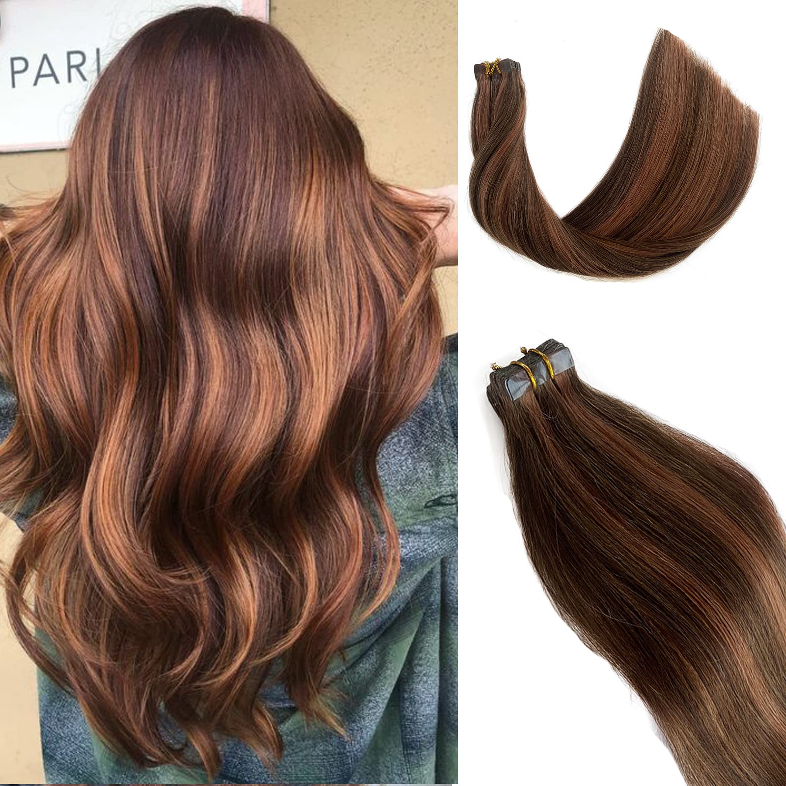 100% Real Human Hair Tape-In Extensions – Medium Brown with Auburn Highlights, 20 Inch, 50g/20pcs | Seamless, Silky Straight for Natural Blending | Perfect for Daily Wear, Styling & Volume Boost