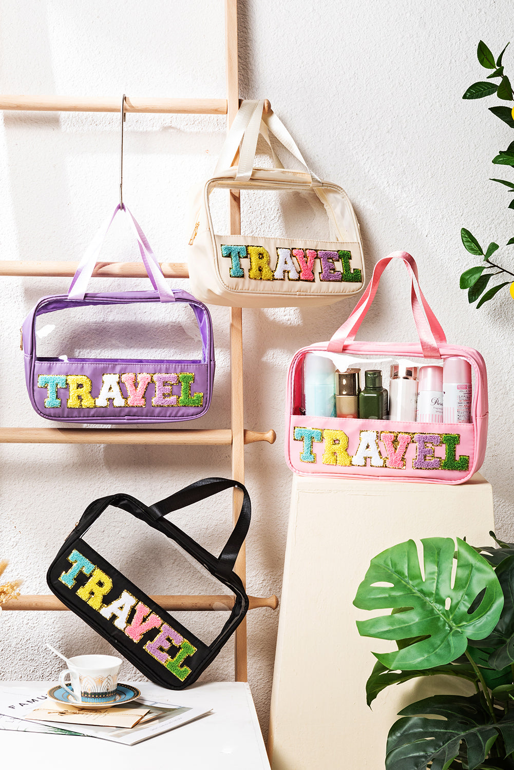 Stylish Chenille Letter Clear PVC Makeup Bag for Travel - Perfect Cosmetic Organizer for Vacation, Gym & Daily Essentials