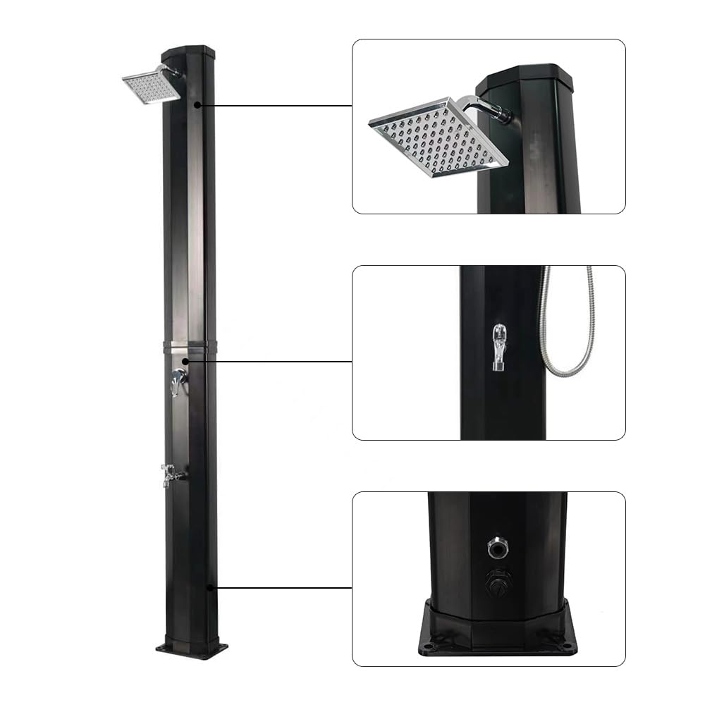 5.3/9.3 Gallon Solar Outdoor Shower with Heated Shower Head & Foot Tap - Portable Hot Water System for Garden, Backyard, Poolside, Beach, Spa | Perfect for Camping, RV Trips & Off-Grid Living (Black 9.3 Gallon)