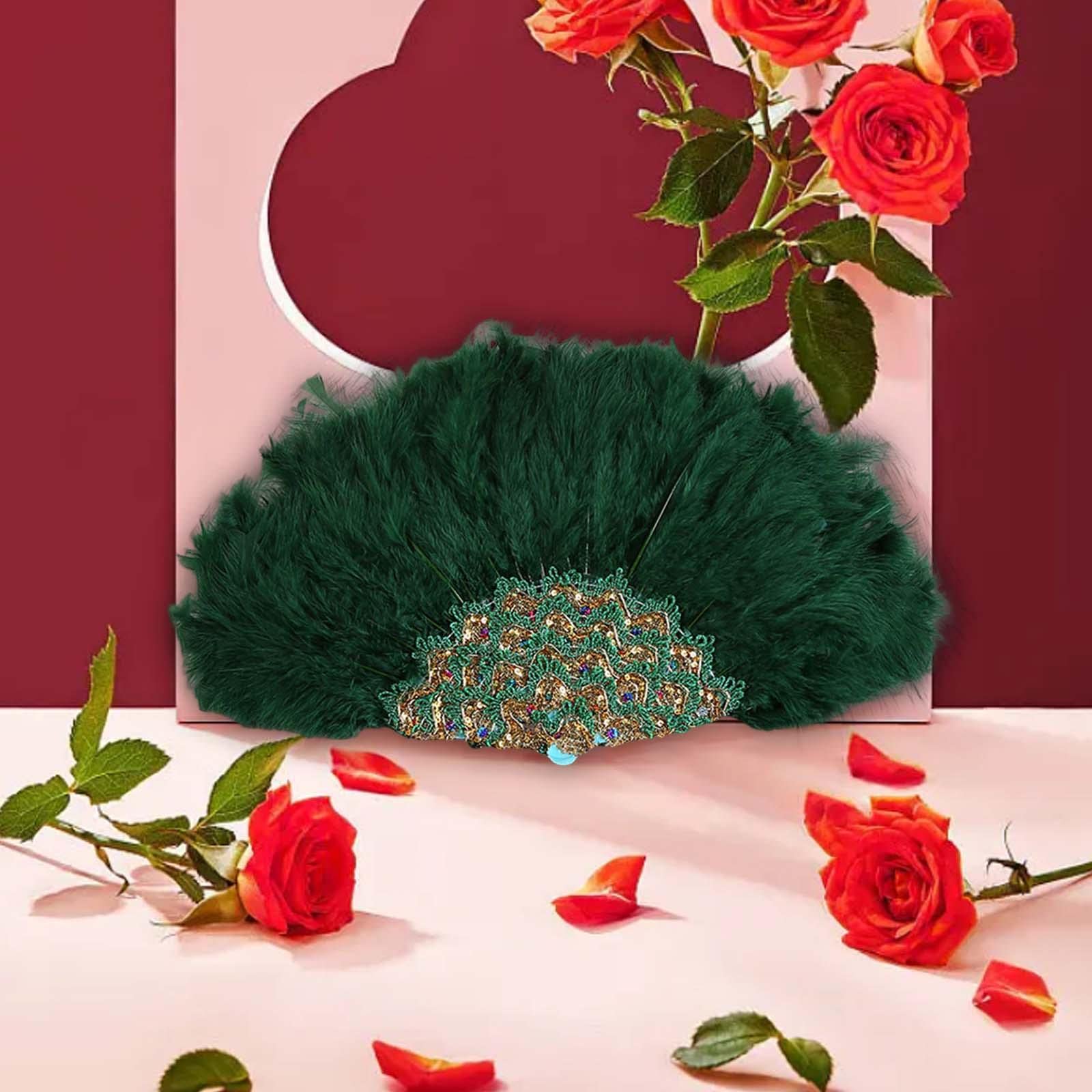 Elegant Handheld Fan for Weddings, Parties & Special Events - Portable Green Folding Fan for Outdoor Ceremonies, Bridal Showers & Summer Cooling