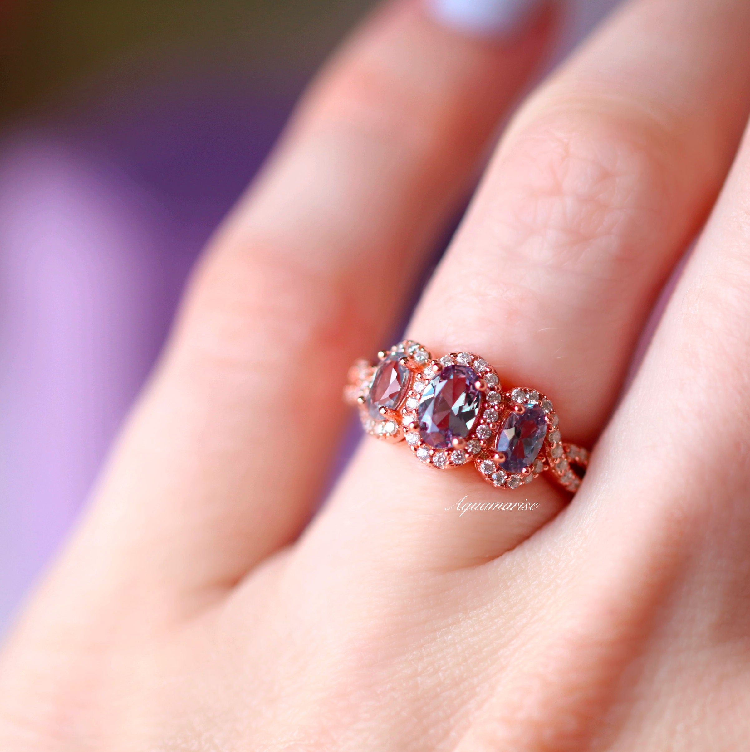 14K Rose Gold Vermeil Trio Alexandrite Ring for Women - Elegant Birthstone Jewelry Gift for Anniversary, Engagement & Special Occasions