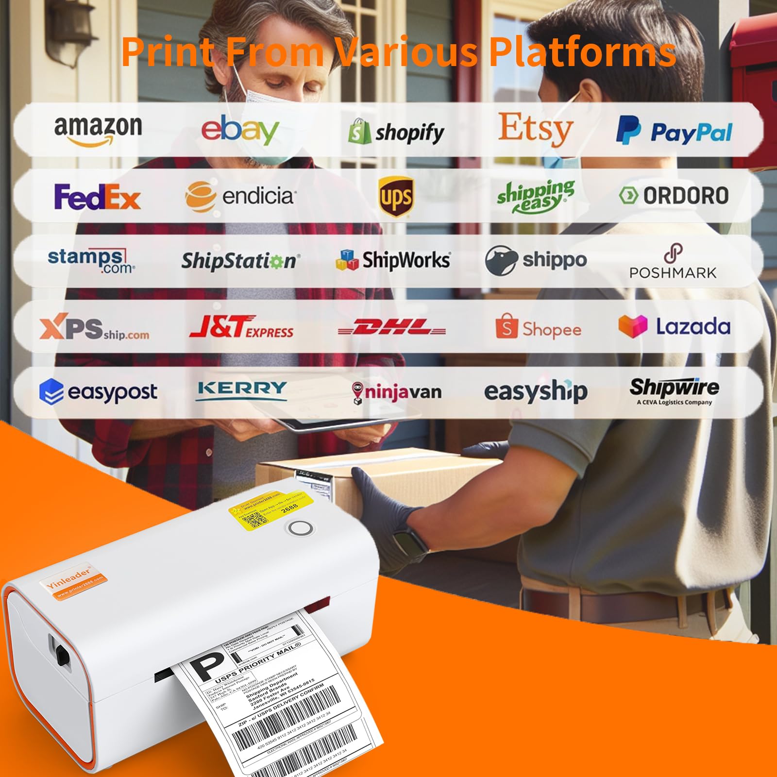 Yinleader 4x6 Bluetooth Thermal Shipping Label Printer - Compatible with Chrome OS, Windows, Mac, iOS & Android - Works with Amazon, eBay, UPS, USPS, FedEx, Shopify - Wireless Label Maker for Home Office & Small Business Shipping Needs (White)