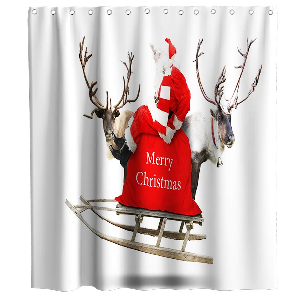 Santa Sleigh Christmas Shower Curtain Set - 72x72 Inch Waterproof Fabric Bathroom Decor with Hooks (Red & Brown) | Holiday Bathroom Decor, Christmas Gift Idea, Festive Home Decoration