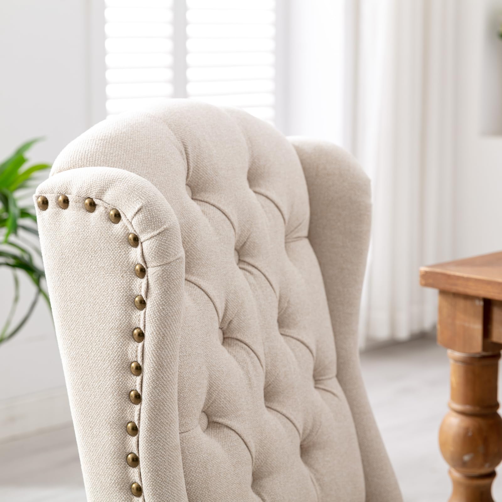 LukeAlon Classic Linen Dining Chairs Set of 2 - Upholstered Button Tufted Side Chairs with Solid Wood Legs & Nailhead Trim - Elegant High Back Kitchen Dining Room Chairs for Home, Restaurant, Cafe - Beige