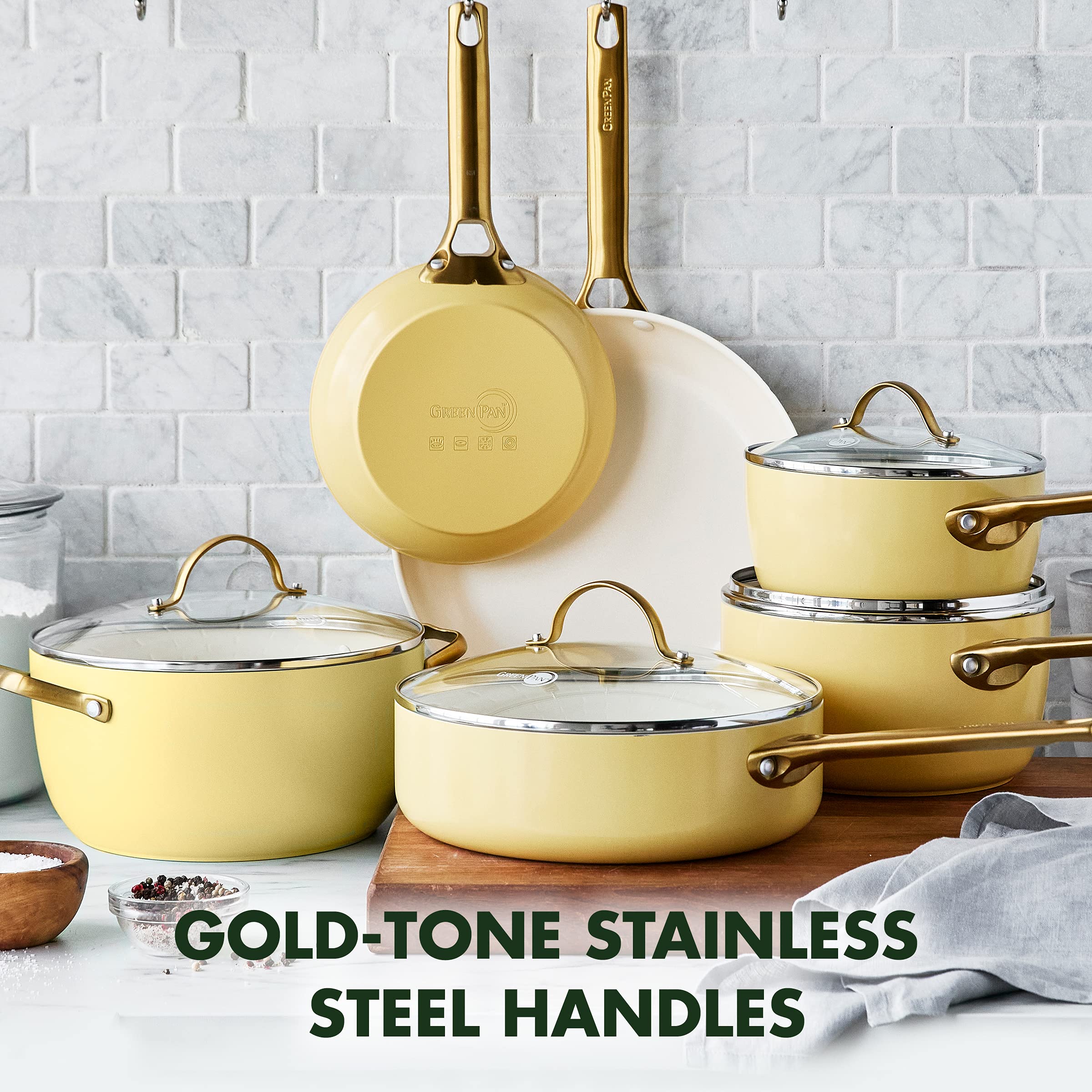 GreenPan Reserve 10-Piece Nonstick Cookware Set - Hard Anodized Healthy Ceramic Coating, PFAS-Free, Gold Handles, Dishwasher & Oven Safe, Sunrise Yellow - Perfect for Healthy Cooking, Frying & Baking at Home