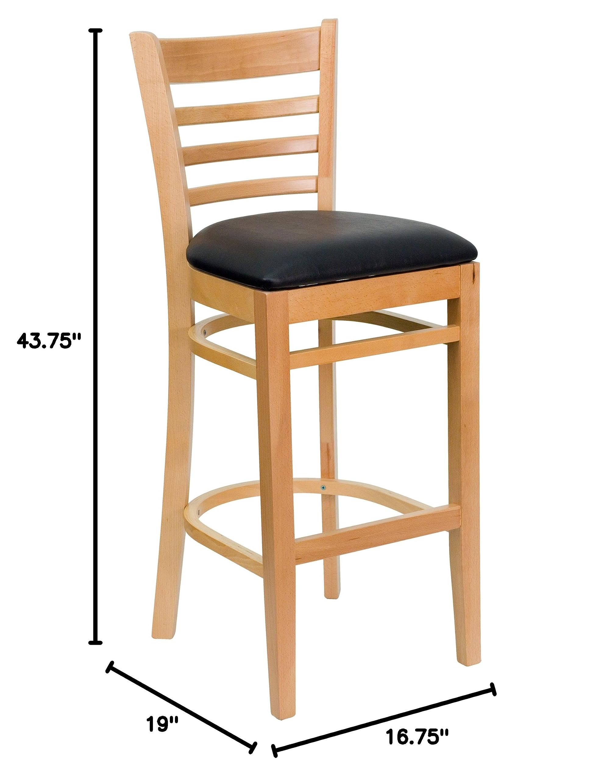 EMMA + OLIVER Natural Wood Ladder Back Bar Stool with Black Vinyl Seat - Perfect for Kitchen Islands, Breakfast Bars & Home Decor