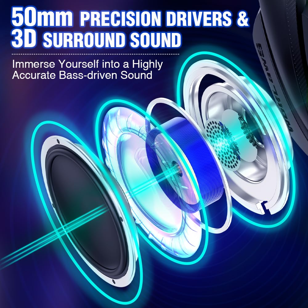 Wireless Gaming Headset for PC, PS5, PS4, Mac & Nintendo Switch - Bluetooth Over-Ear Headphones with Detachable Mic, Low Latency, 48H Battery, Noise Cancelling - Lightweight Comfort for Gaming, Streaming & Online Meetings (Black)