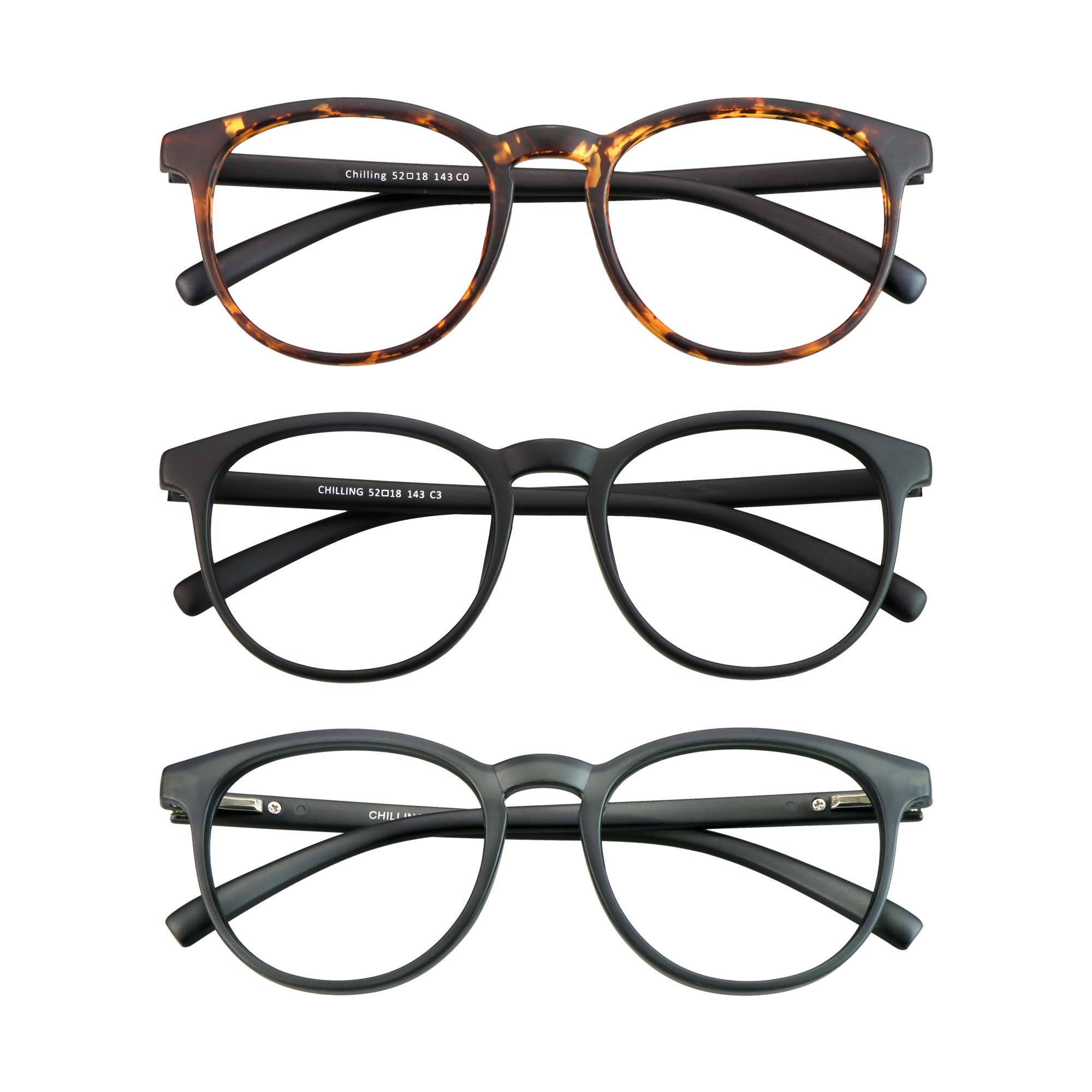 3 Pack Blue Light Blocking Glasses for Women & Men - Anti Glare Computer Reading Glasses with Round Frame (Tortoise, Black, Grey) - No Magnification for Digital Eye Strain Relief - Perfect for Office Work, Gaming & Screen Time